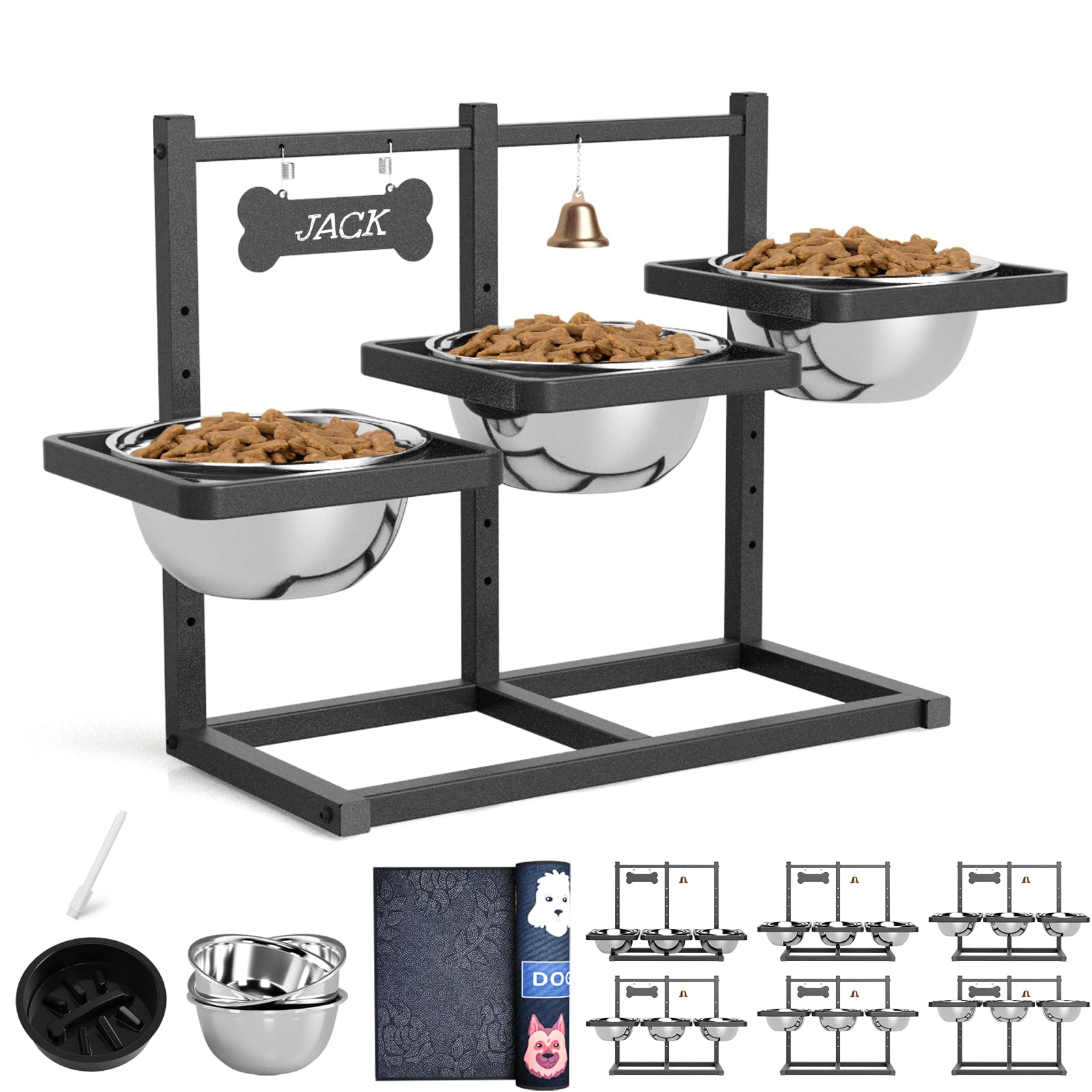 Elevated Dog Bowls for Large Dogs, 6 Height Adjustable Raised Stand with Mat, Slow Feeding Bowl and Three 1700ML Bowls, for Large Breed and Multi-Pet