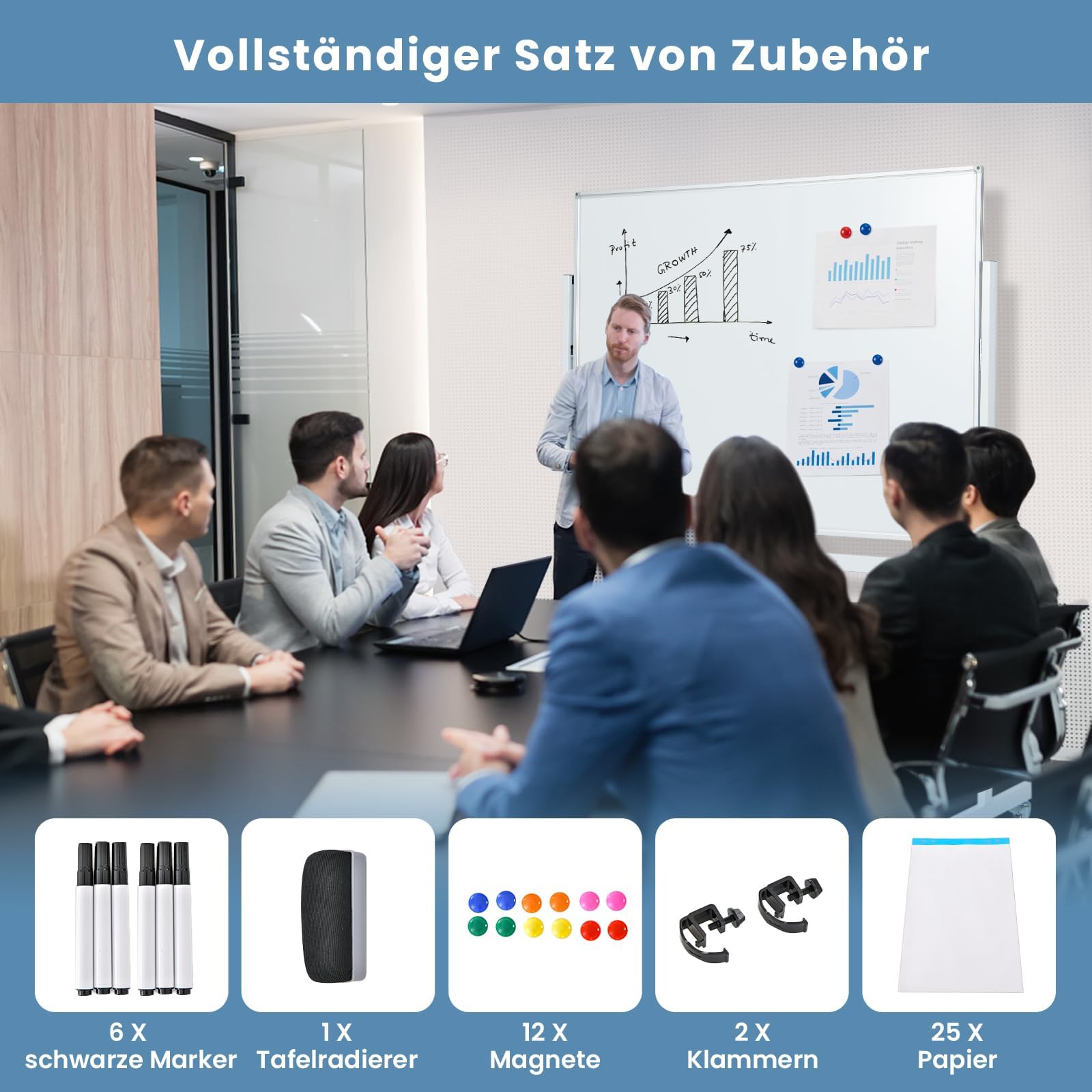 FANTASK Doppelseitiges mobiles Whiteboard, 120 x 90 cm, Trocken abwischbares magnetisches Whiteboard mit Gittermuster, Rollen, Ständer und Stiftablage, inkl. Zubehör für Büro, Zuhause (Weiß)