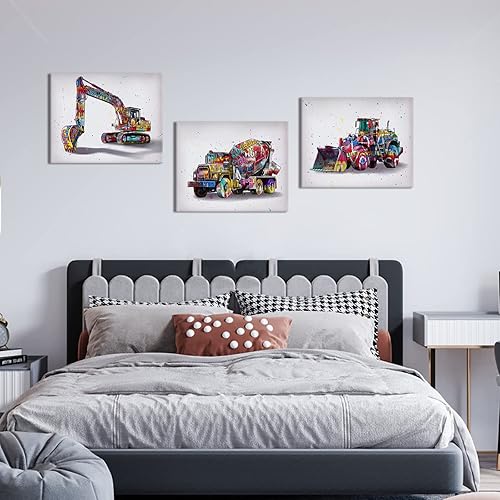 Miniatura 5 de OuElegent Excavadora de construcción, excavadora, excavadora, mezcladora, lienzo para pared, vehículos con graffiti, impresiones de pintura en