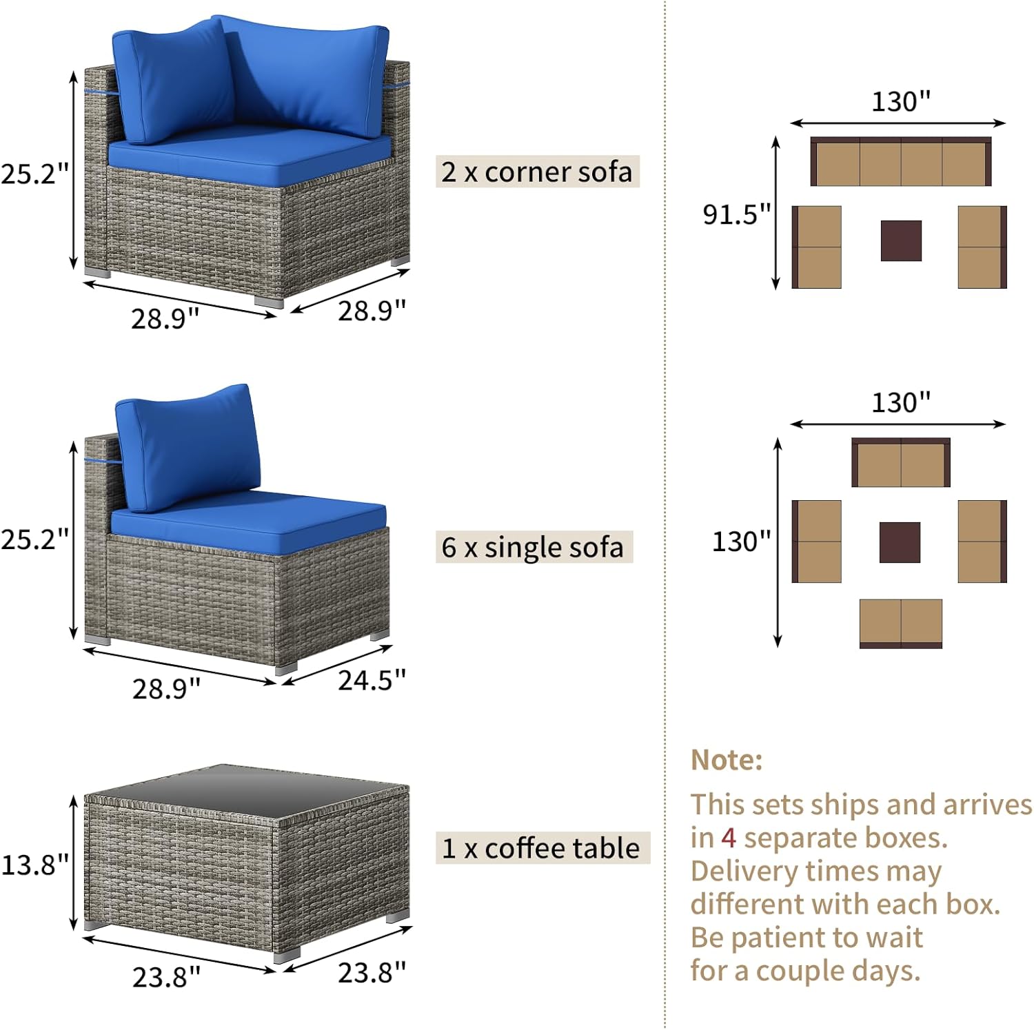 Tradare 9 Piece Patio Furniture Set, Outdoor Wicker Patio Sofa Set, PE Rattan Sectional Couch with Glass Table and Blue Cushions, All-Weather 9 Piece Outdoor Patio Furniture Sets, Grey