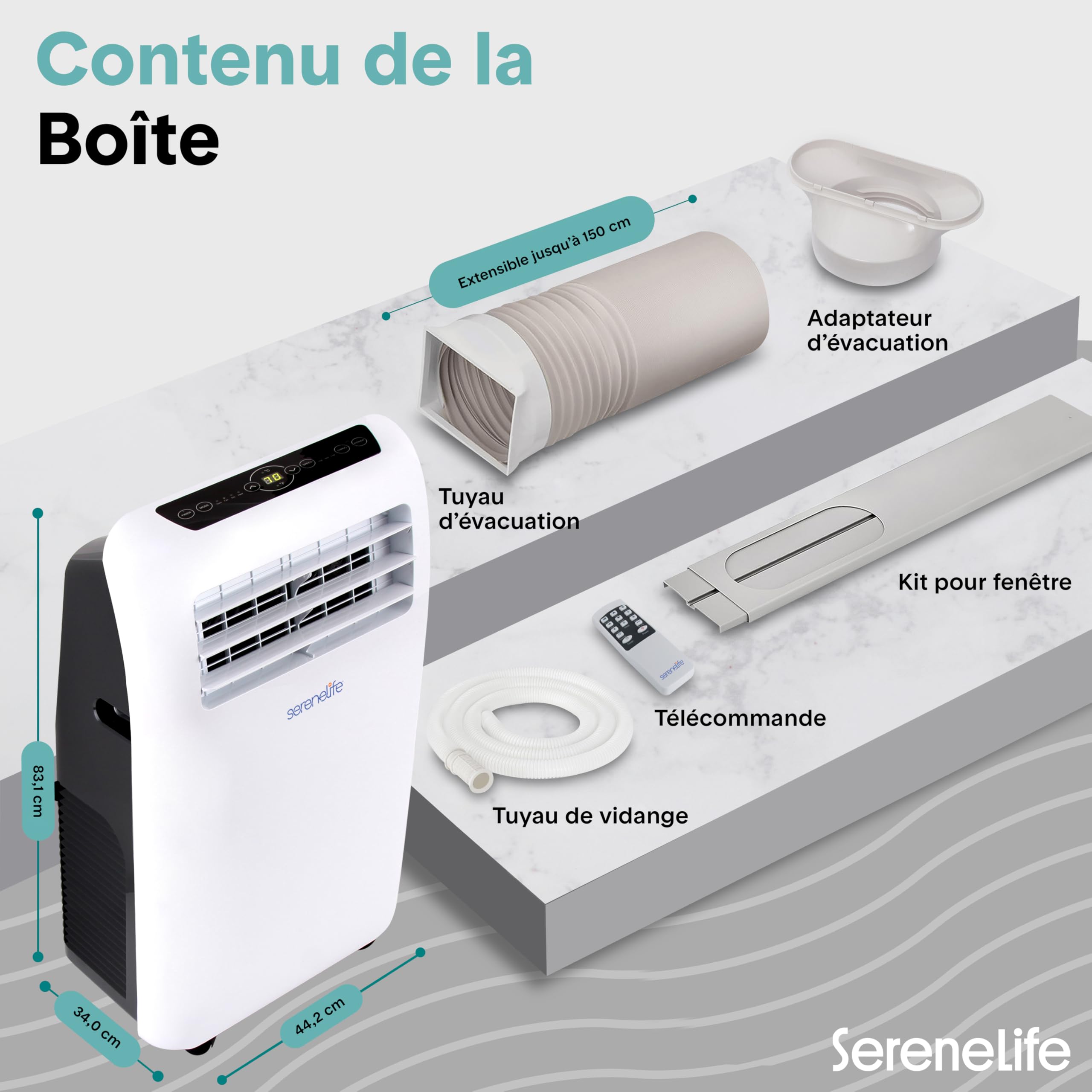 SereneLife Climatiseur Mobile 9000 BTU avec Chauffage – Climatiseur Réversible Portable 4 en 1, jusqu’à 41 m², Déshumidificateur, Ventilateur, Télécommande, Kit Fenêtre, Blanc