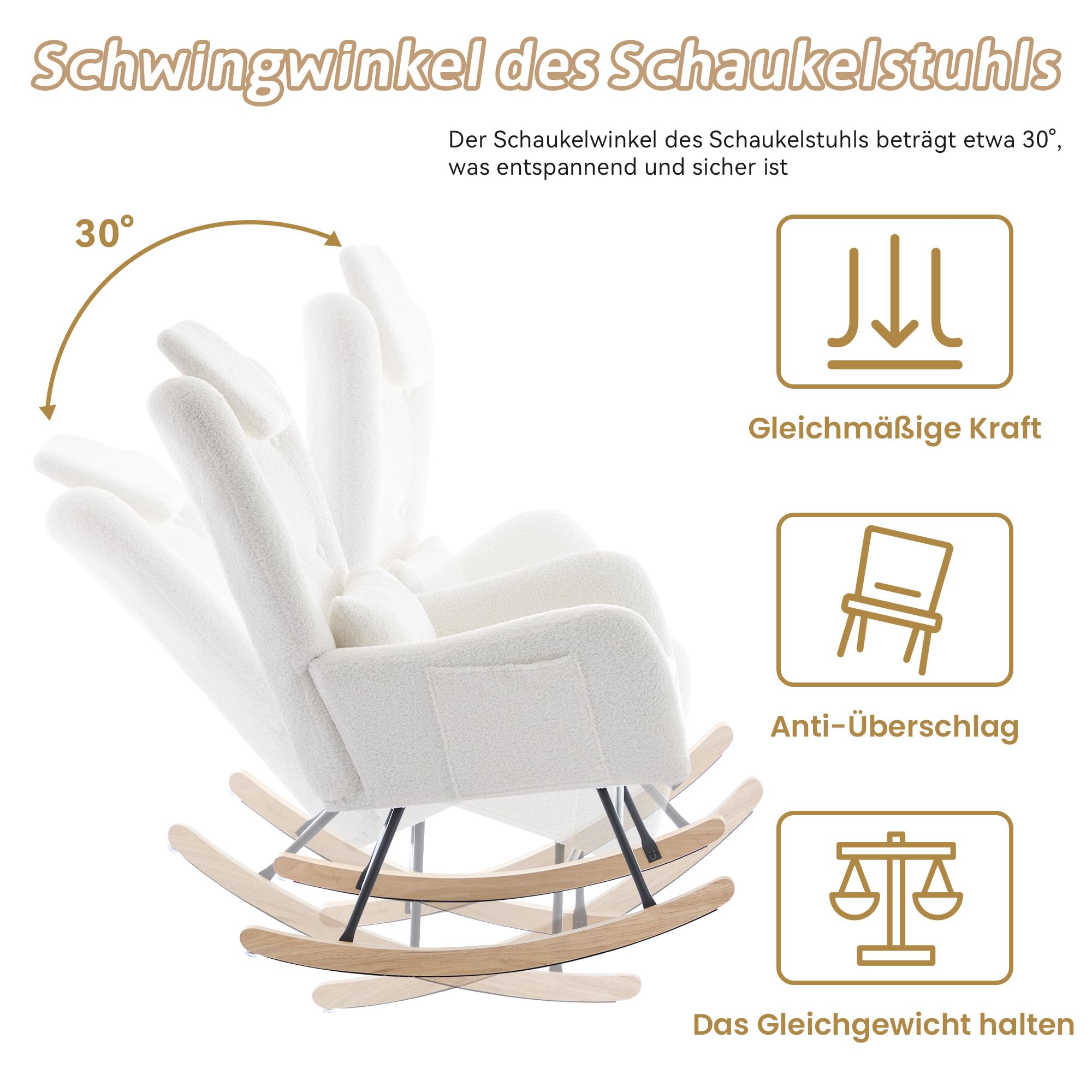 Merax Fauteuil à bascule avec tabouret - Chaise relax ergonomique en velours Teddy avec accoudoirs, coussins de nuque et lombaires - Pieds en bois - Charge maximale : 100 kg - Pour chambre à coucher