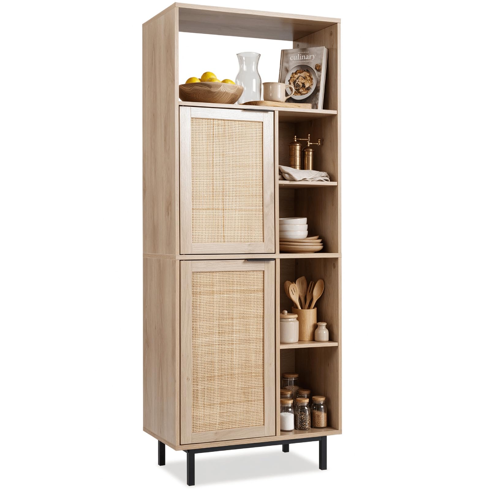 TANGZON Rattan Storage Cabinet with 2 Doors and Shelves (Natural)