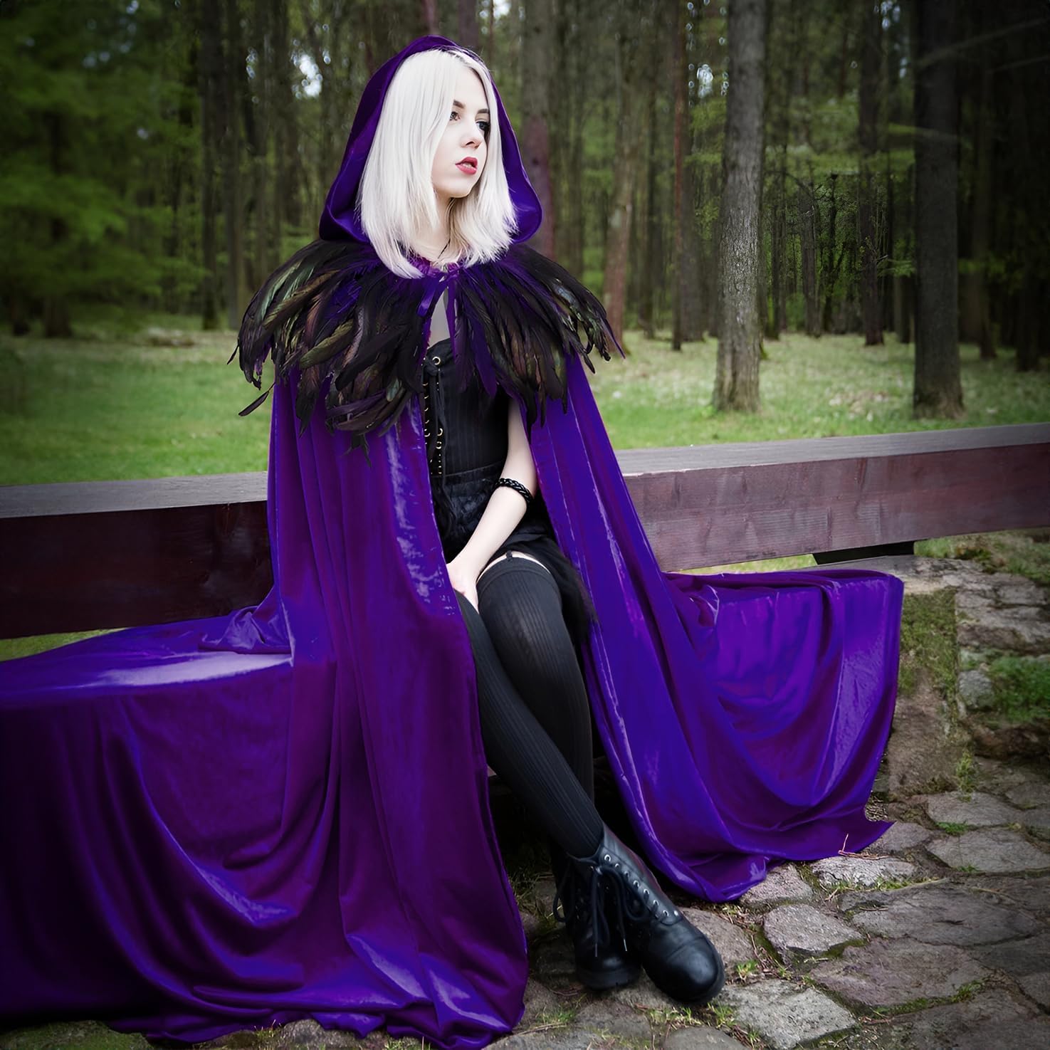 HOMELEX Unisex Solid Velvet Adult Full Length Hooded Robe Cape with Classic Gothic Feather Cloak Suit - Image 2