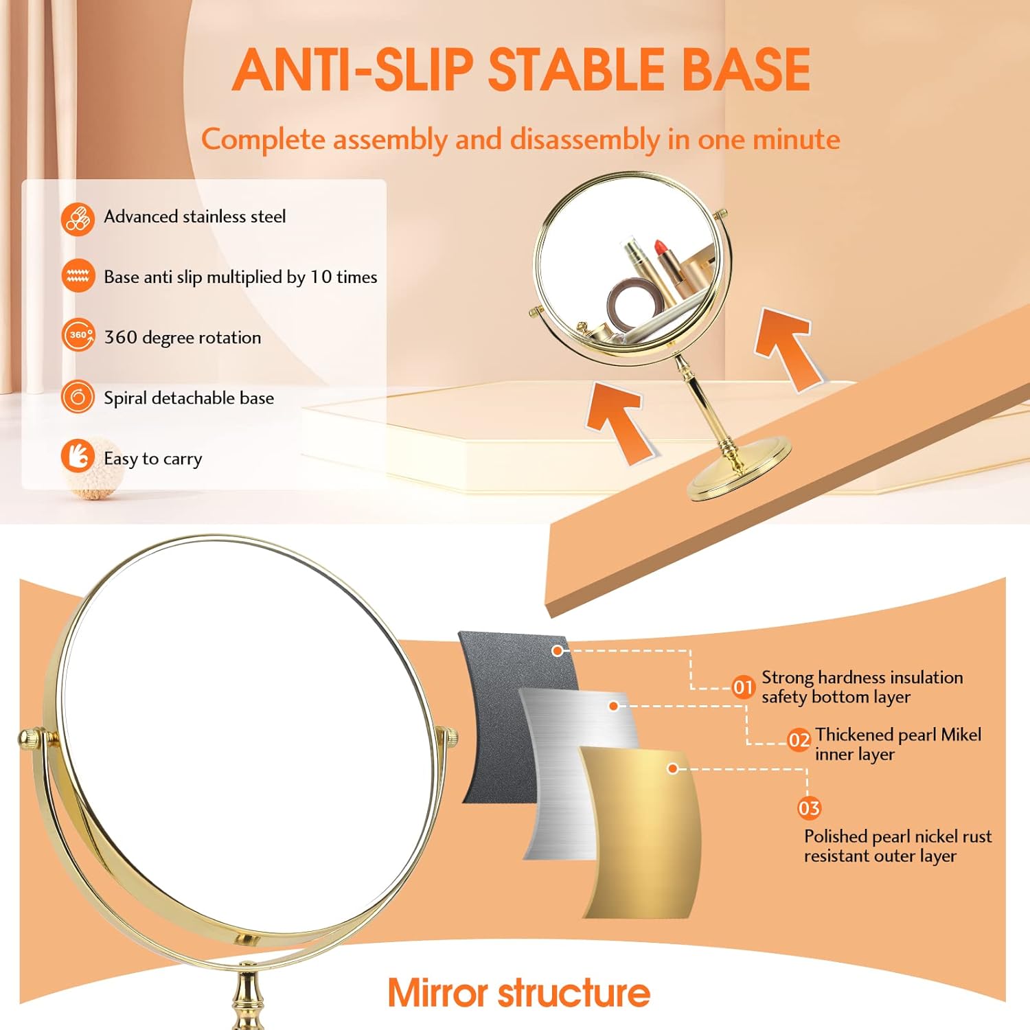 Makeup Mirror 8" Magnifying Mirror 1/10X Magnification, Large Table top Double-Sided Swivel Vanity Mirror Chrome Finish