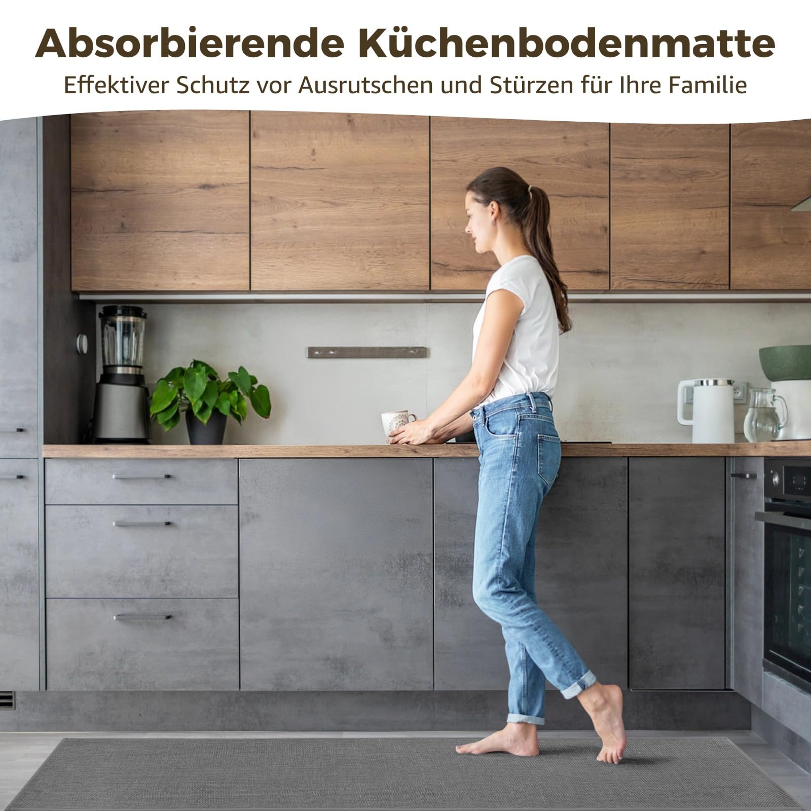 Varku küchenteppich waschbar rutschfest 43,5 x 180 cm, Leinen Küchenmatte, Läufer Flur, gewebter Stil, weich, langlebig, leicht zu reinigende Bodenmatte für Küche, Waschküche, Dunkelgrau