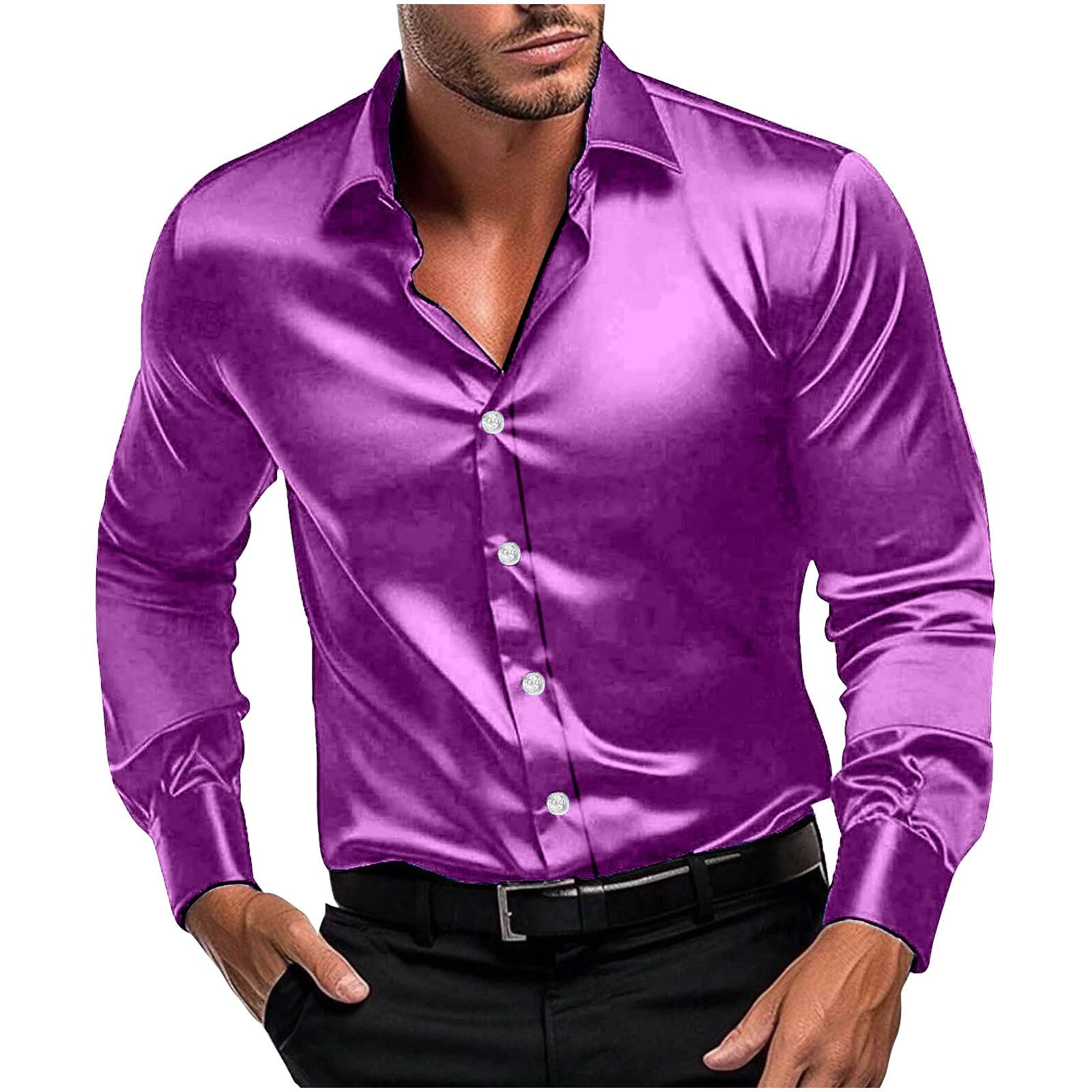 Men Long Sleeve Satin Dress Shirt Shiny Embroidery Silk Like Button Down Casual Luxury Prom Wedding Party Disco Solid
