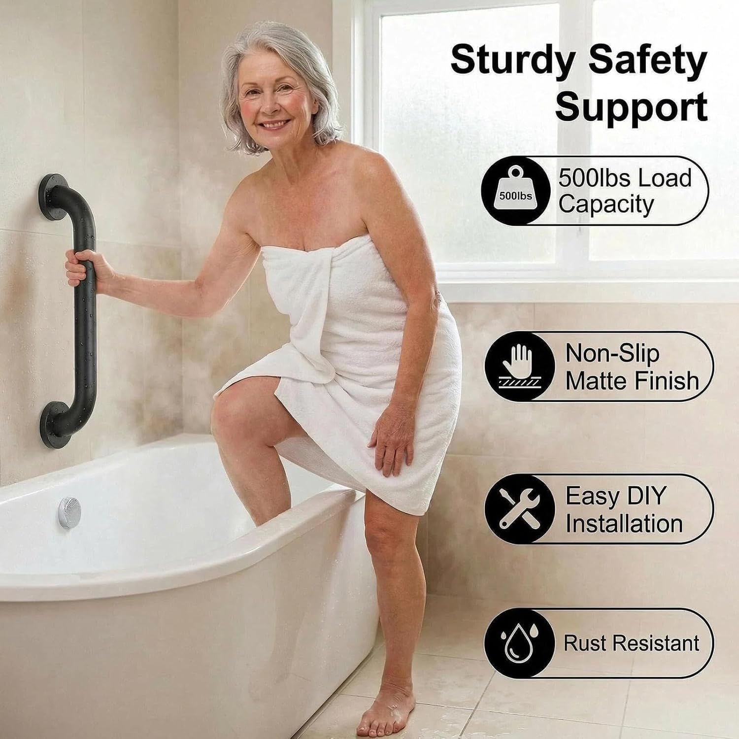 12 inch shower grab bars, 2 pack - anti-slip stainless steel bathroom safety handles for elderly & handicap, 304 steel, black, knurled grip?black 12in-2-sets? 1 black