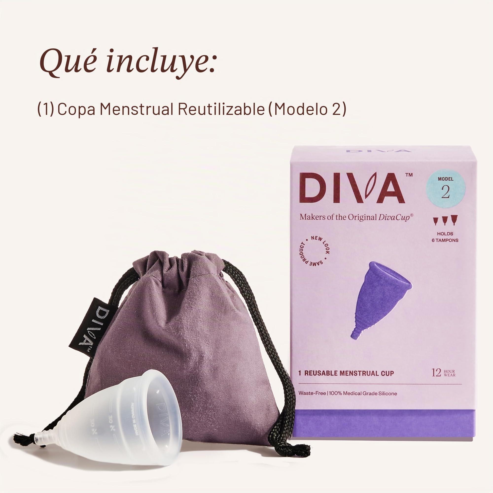 DivaCup Copas Menstruales Modelo 2. 100% Silicona de Grado Médico, Libre de BPA. Alternativa Segura y Sin Fugas a Las Compresas y Tampones