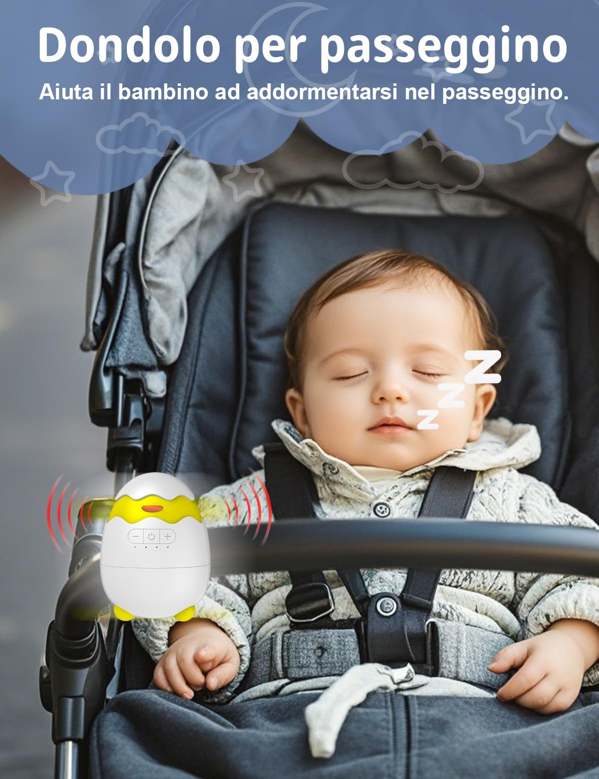Robofun Dondola Passeggino Elettrico, Aiuto Per Il Sonno Del Bebé, 5 Livelli Di Intensità Di Dondolio, Ricaricabile Tramite USB-C, Dondolo Portatile Per Passeggino Adatto All'uso Esterno, Rocker