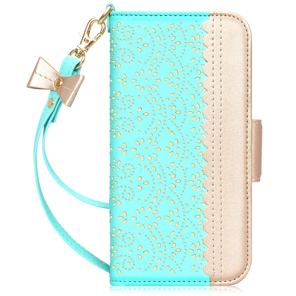 WWW Wallet Case Compatible with iPhone 12 Pro Max (6.7" 2020),[Luxurious Romantic Carved Flower] Leather Wallet Case with [Makeup Mirror] [Card Holder] and [Kickstand Feature] Mint Green