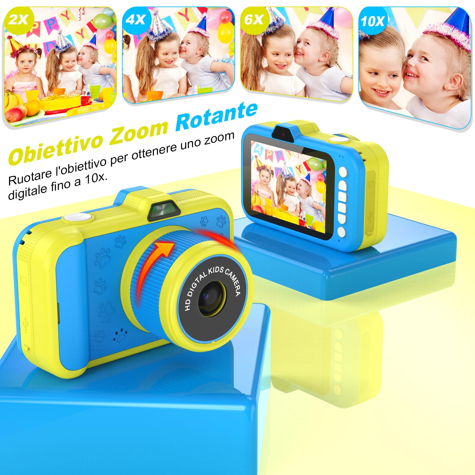 Macchina Fotografica Bambini | 3,5" Ampio Display | 360° Obiettivo Zoom Rotante | 1080P HD Fotocamera Digitali Bambini con Selfies | Flash | Scheda da 32G | Regalo Bambina e Bambino 3-12 Anni | Blu