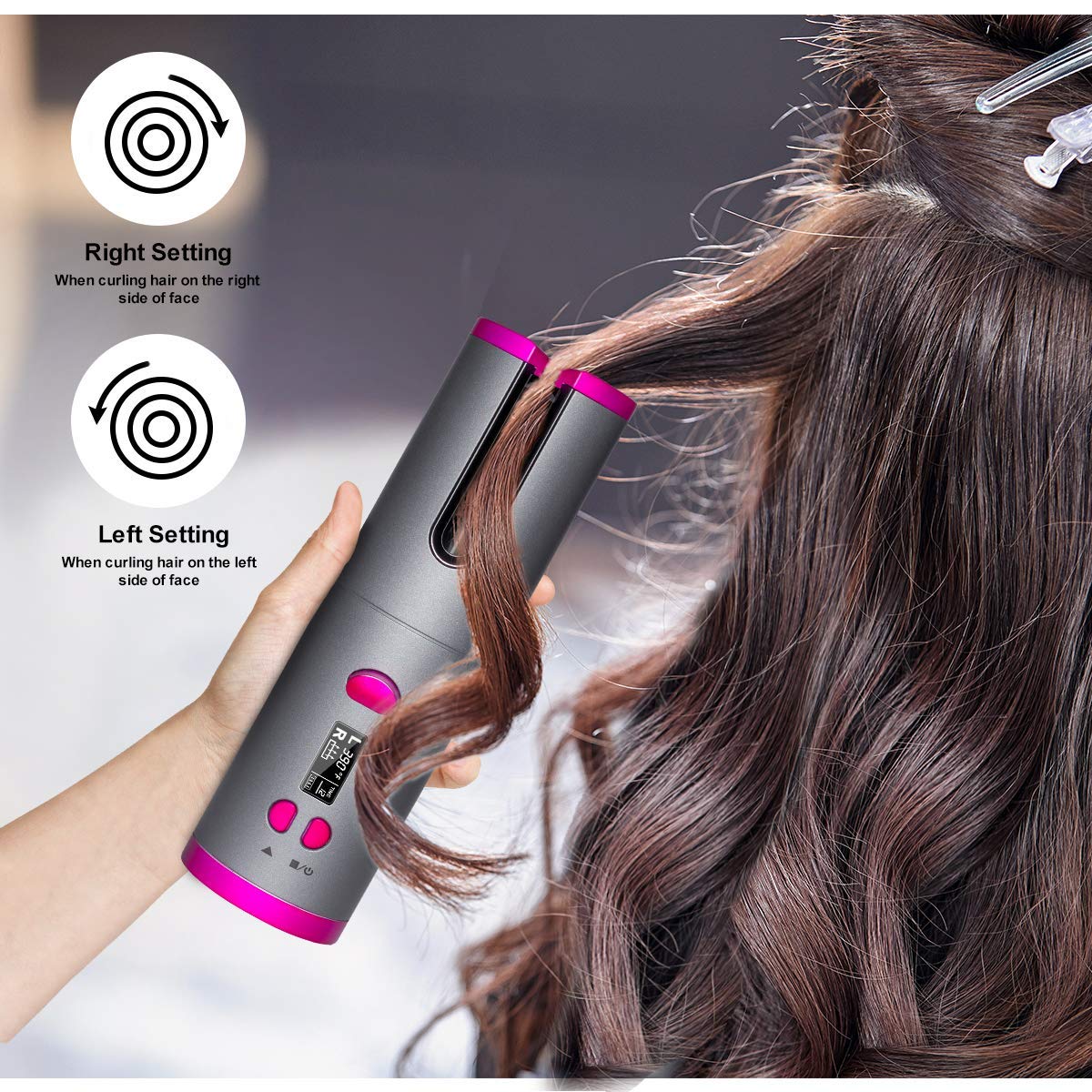EMEBAY Fer à Friser Automatique Sans Fil, Boucleur à Cheveux Batterie Rechargeable 4000mAh, Bigoudi Anti-Brûlures avec Minuterie, Fer à Boucler Portable 6 Température Cheveux Longs et Courts