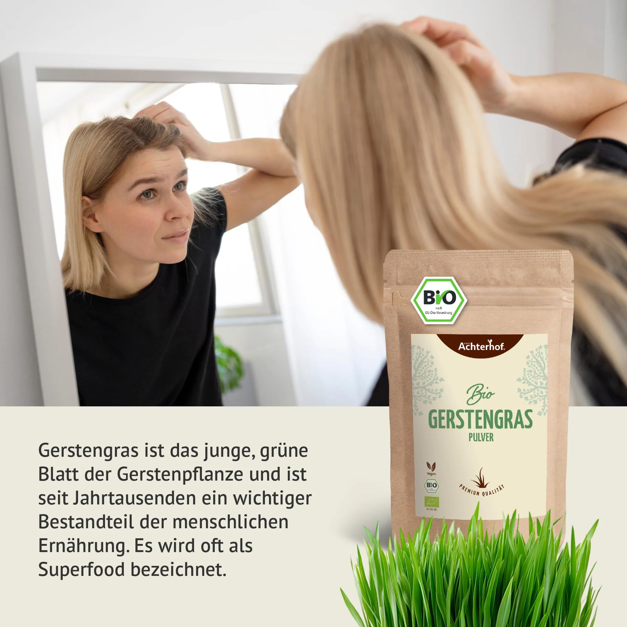 Erba d'orzo in polvere BIO (500g) | Da coltivazione tedesca | Qualità alimentare grezza | Residui controllati | vom-Achterhof