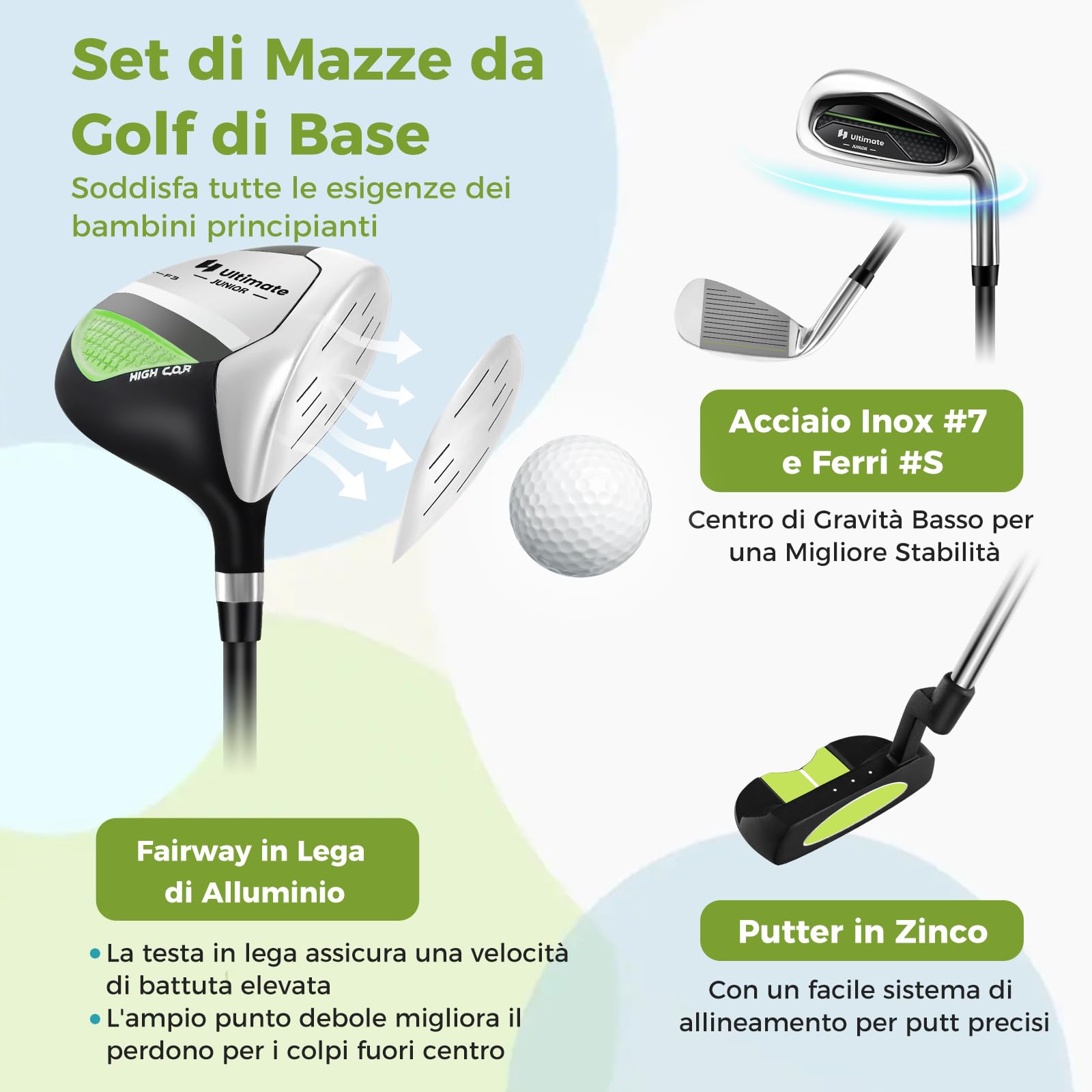 COSTWAY Set di Mazze da Golf per Bambini 5-7 Anni, Set Allenamento Golf con Sacca, Fodera Impermeabile, Legno di Fairway 3, Ferro 7, Ferro S e Putter per Bambini e Bambine, Destrorso
