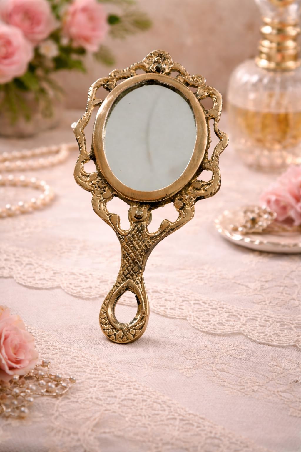 Presents Vintage Pure Brass Handheld Mirror with Handle – Antique Vanity Makeup Mirror for Dressing Table, Decorative Portable Travel Mirror-image-2