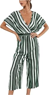 Bravetoshop Women's Sexy Deep V Neck Short Sleeve Wrap Jumpsuits Casual Stripe Loose Wide Leg Pants Rompers