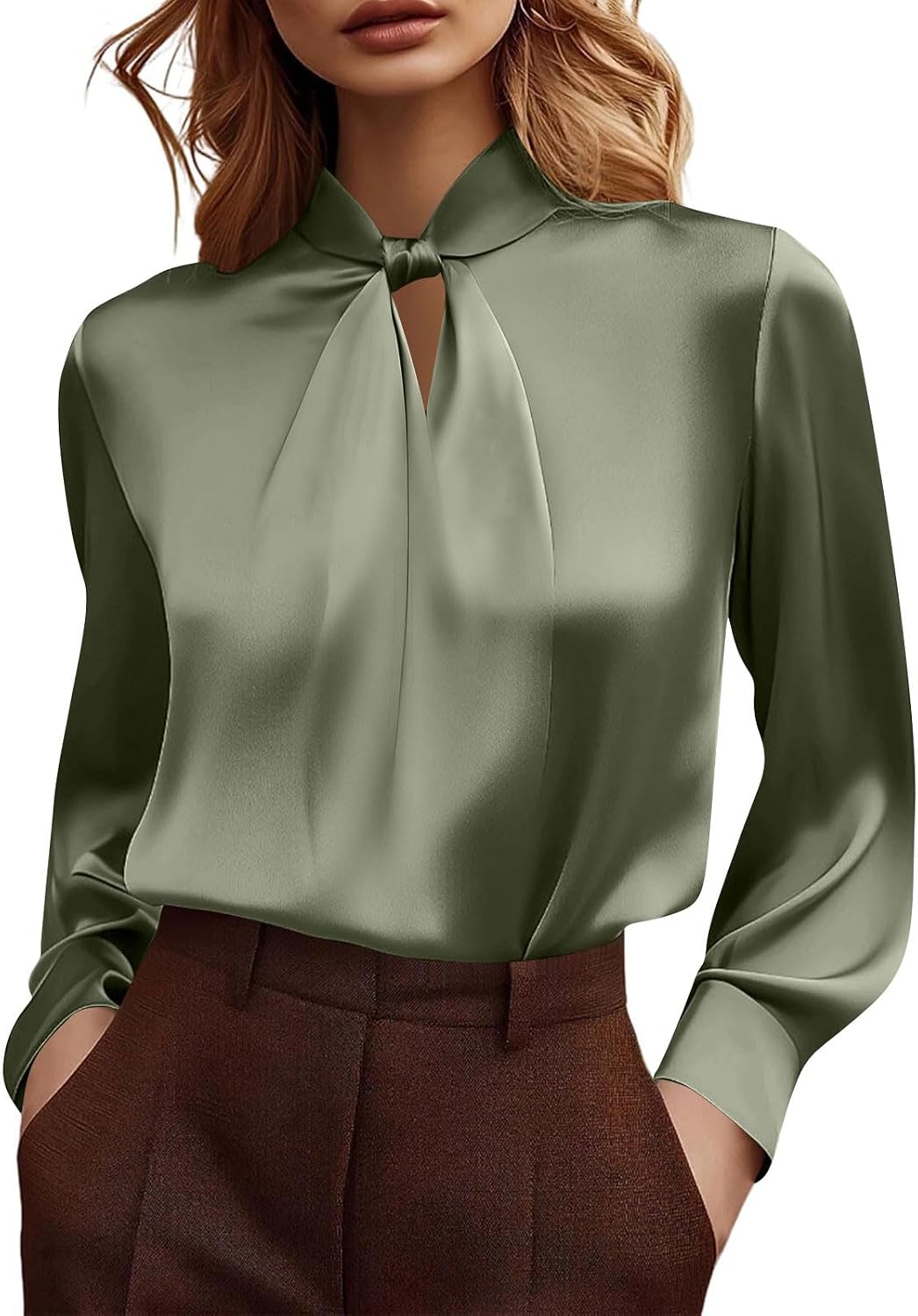 Womens Dressy Business Casual Blouse Pleated Cutout Long Sleeve Tops Satin Silk Work Shirt Spring Outfits Clothes