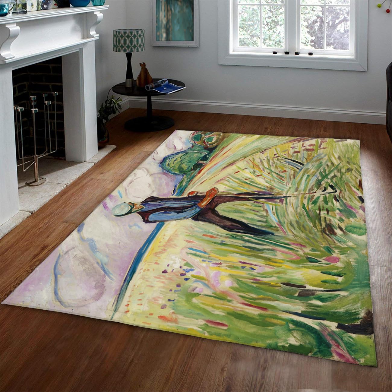 Tapis lavable vert aquarelle pour salon et repas style ferme botanique 90x150