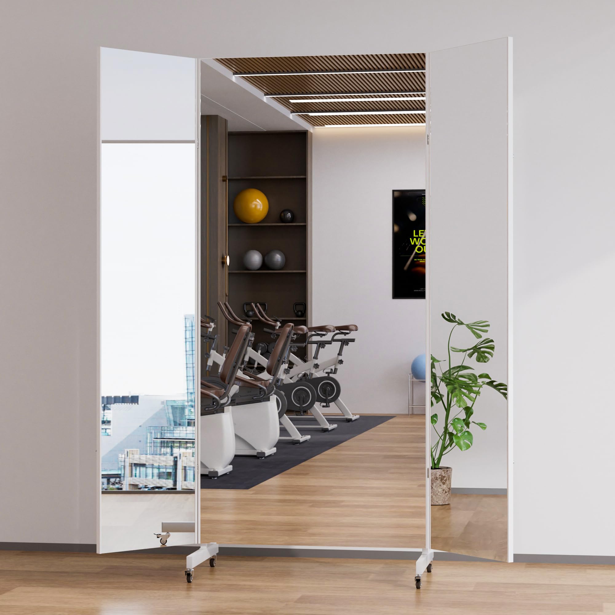 Photo 1 of Full Length Stand Up Mirror on Wheels,63''×67'',Large Tri-Fold Floor Mirror with Stand,Movable 3-Way Full Length Standing Mirror for Gym, Dance Studio, Fitness Room, and Home (White)