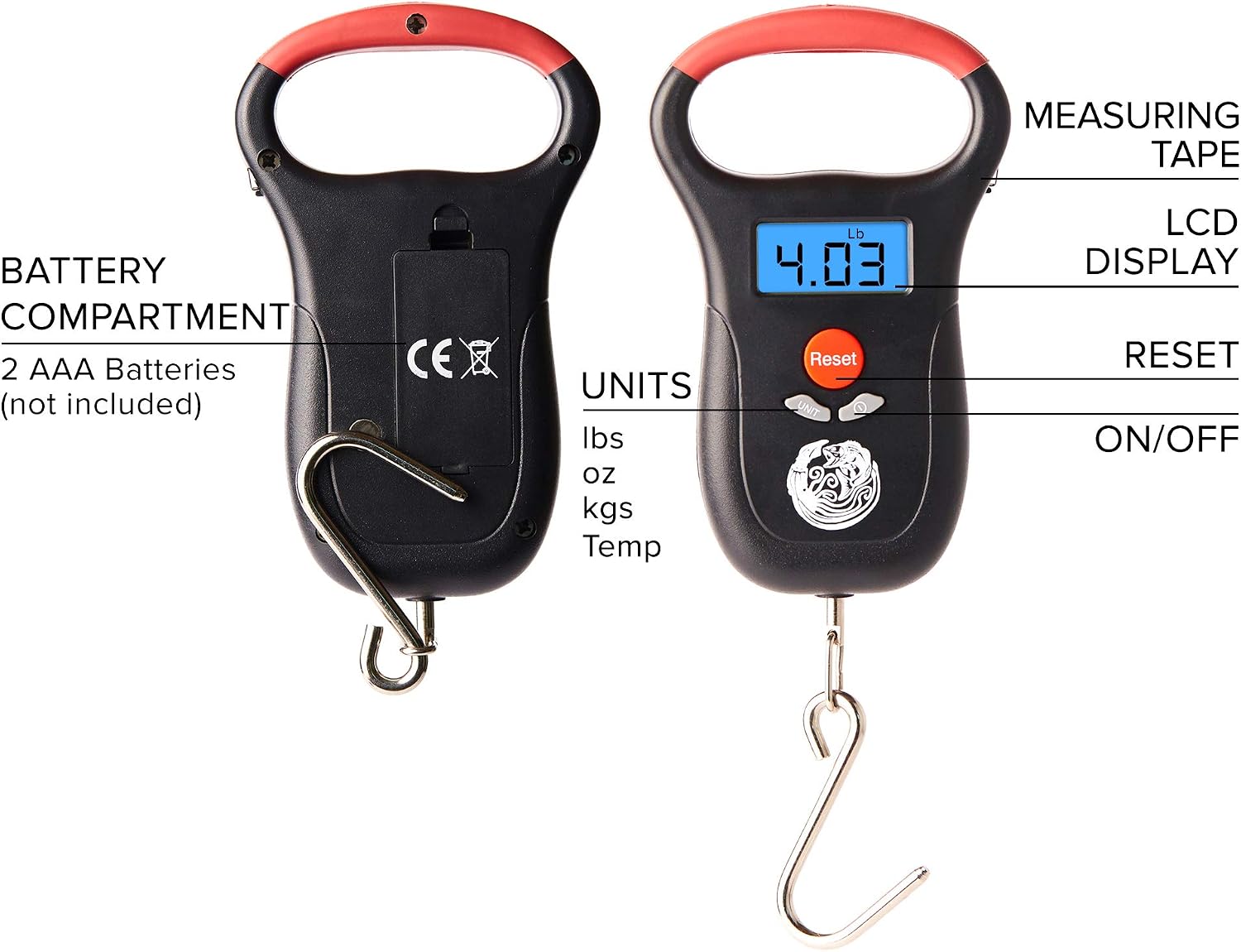 Kraken Bass Fishing Scale with battery compartment and labeled parts