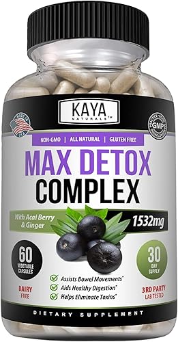 Kaya Naturals Max Detox - Suplemento de hierbas - Ingredientes naturales 1532 mg - Polvo de psyllium, extracto de bayas de acai, raíz de jengibre,