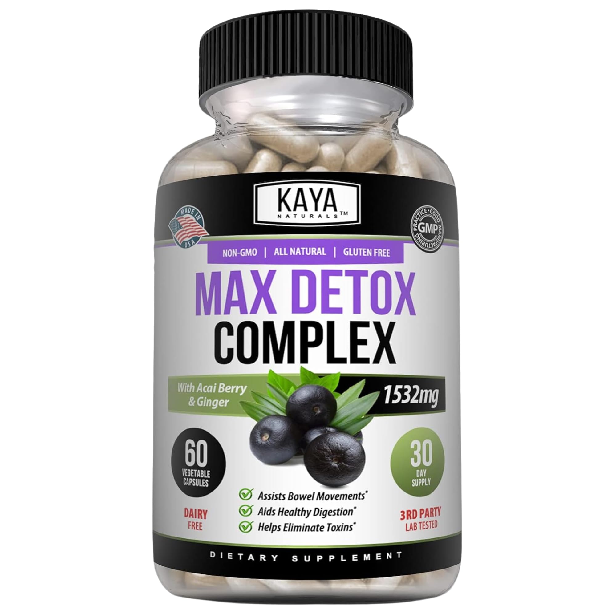 Kaya Naturals Max Detox Herbal Supplement - Natural Ingredients 1532 mg - Psyllium Powder, Acai Berry Extract, Ginger Root 60 Count