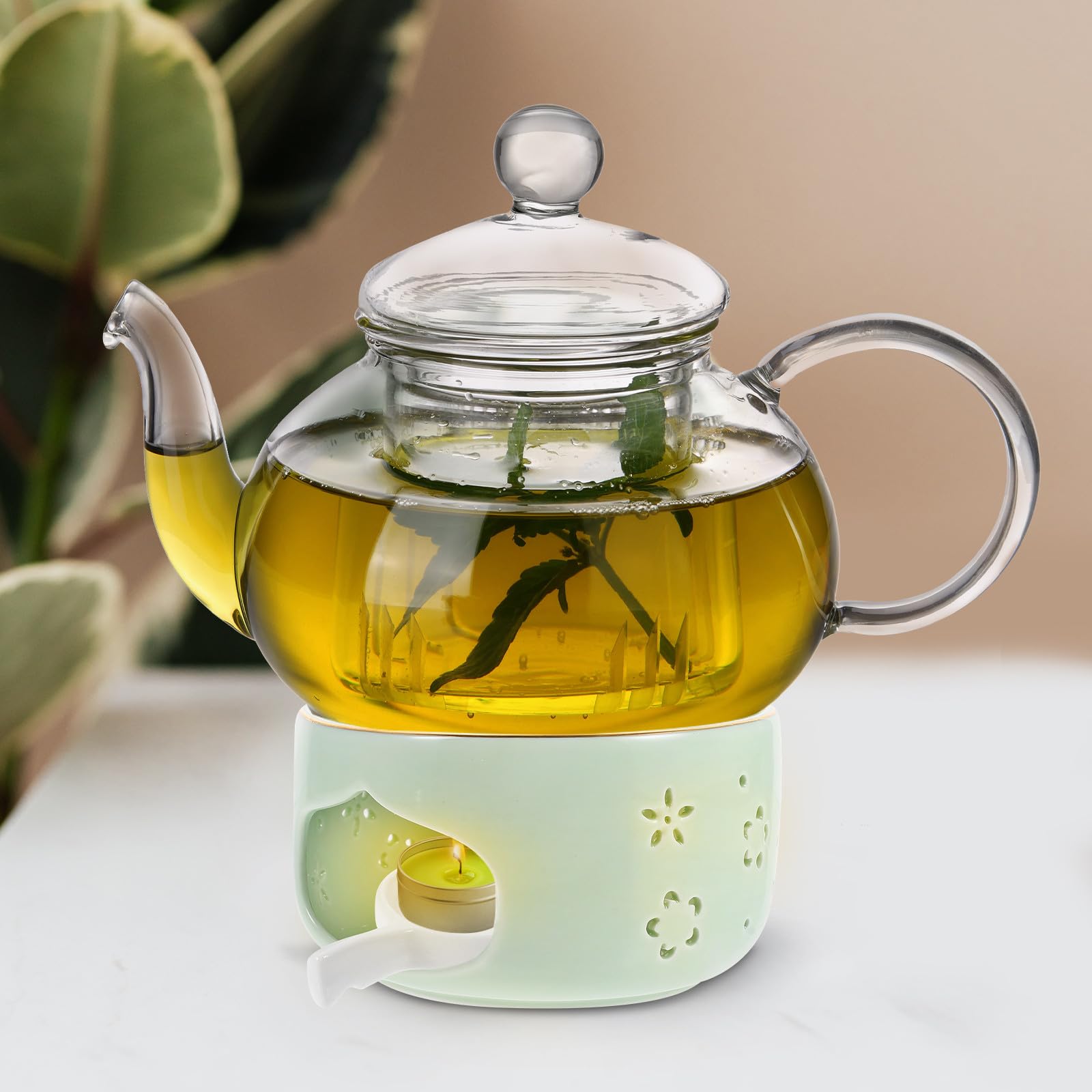 Operitacx Calentador Rebabas o de Cerámica de Verde Tetera Diseño Retro y Durabilidad sin Calentar Té para Hogar Restaurante