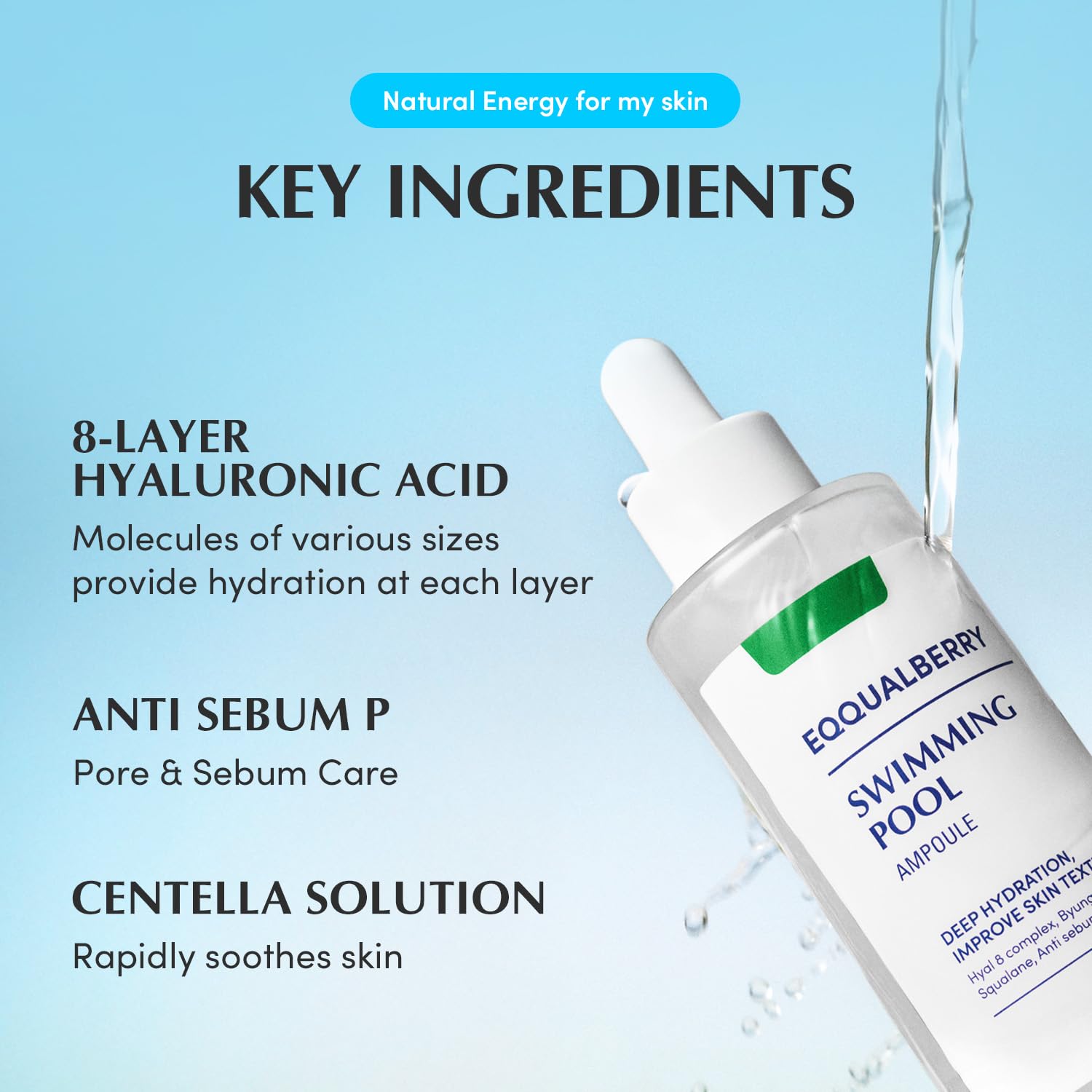 EQQUALBERRY Swimming Pool Ampoule - Hyaluronic Acid Serum for Glass Skin | Deep Hydration and Soothing with CICA Extracts | Korean Skin Care Serum, 1.69 Fl. Oz. 50ml - Image 4