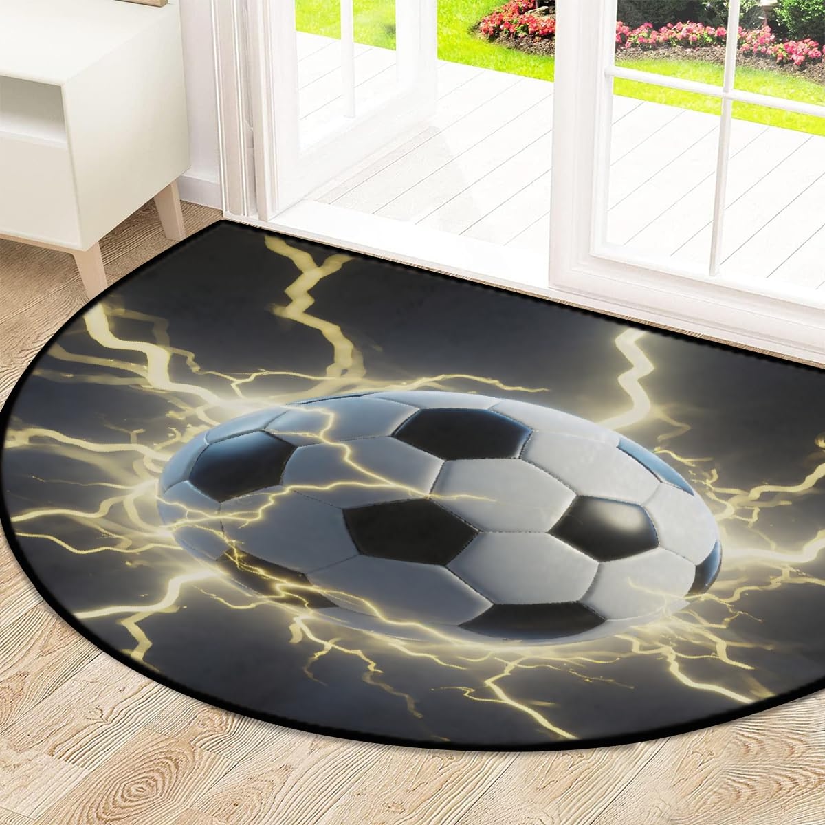 Große halbrunde Fußmatte – Soccer Lightning rutschfest, saugfähig, halbrund, Eingangsbereich, niedlich, weich, halbrund, waschbar, Teppich für Küche, Badezimmer, Schlafzimmer, 160 x 100 cm