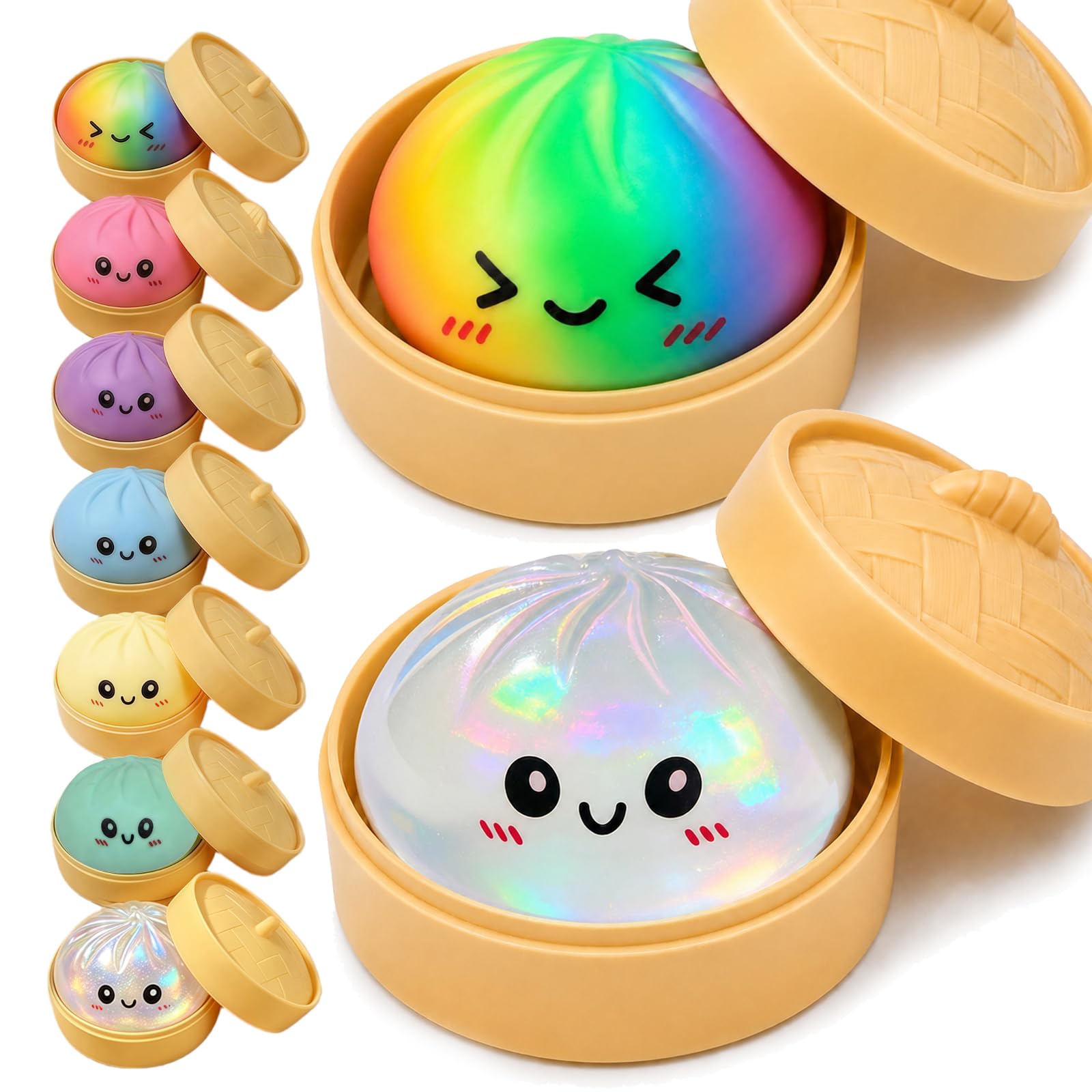 Photo 1 of *** 1 PACK *** 2PCS Rainbow Dumpling Squishies Toys with Food Steamer,Sparkly Squeeze Dough Fidget Sensory Stress Balls,Hand Desk Toys for Stress Relief Squishies Dumpling Gifts,Rainbow&Clear