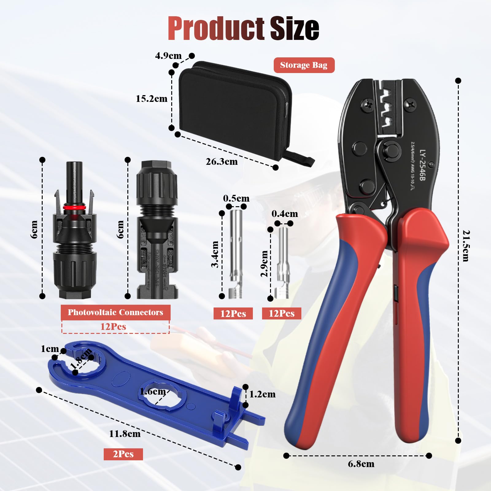 Pince à Sertir Cosse Electrique pour Câbles PV de 2,5/4/6 mm², Outils de Sertissage Solaires, avec 1 Pince MC4, 12 Paires de Connecteurs Solaires et 2 Clés, pour Panneau Solaire Câble
