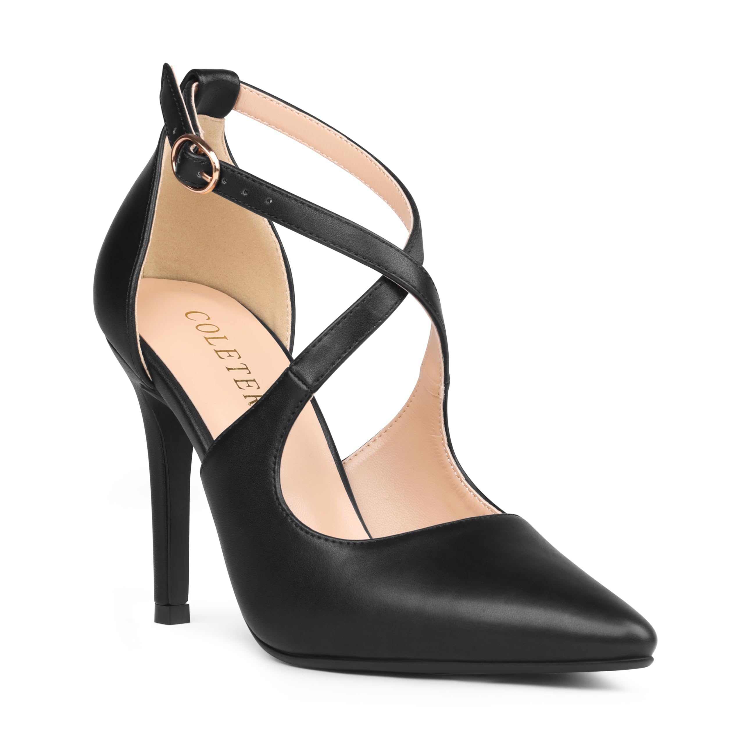 COLETER Womens 4" Pointed Toe D'Orsay Pumps Stilettos High Heel Crossed Ankle Strap Dress Shoes