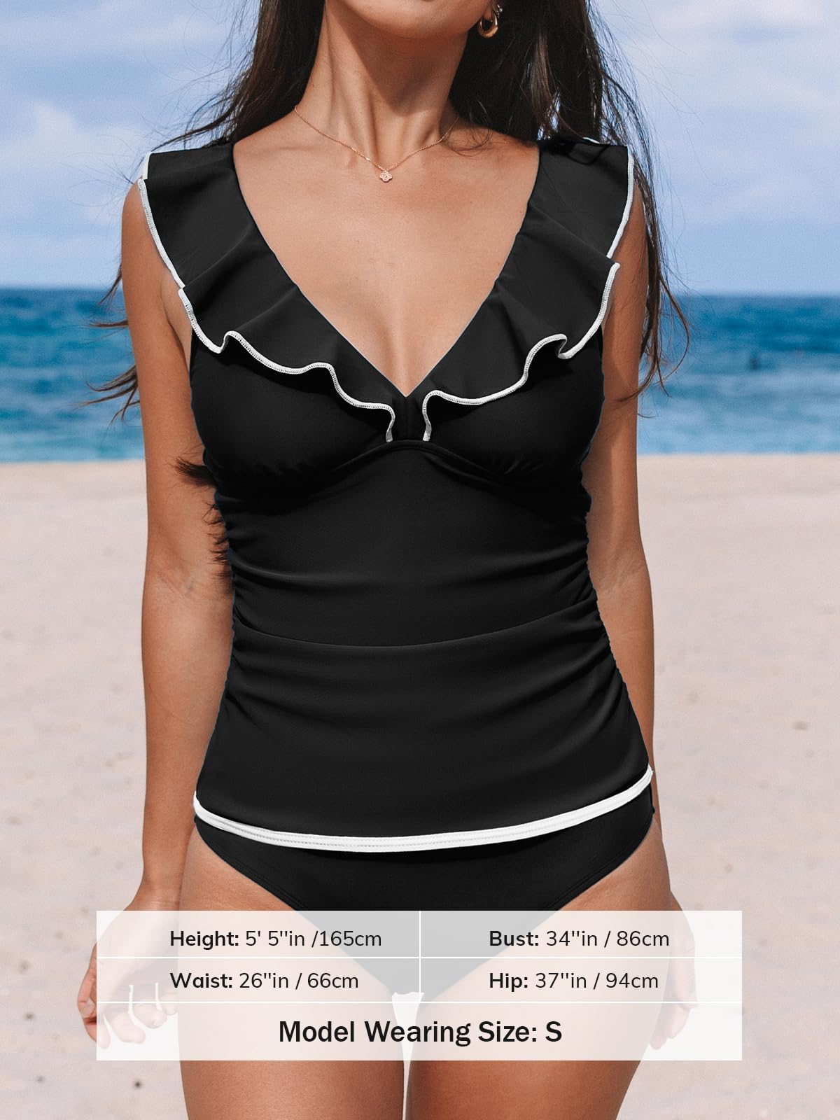 CUPSHE Ensemble tankini deux pièces pour femme avec col en V et bretelles réglables froncés (taille XS à 4XL), Noir , XS