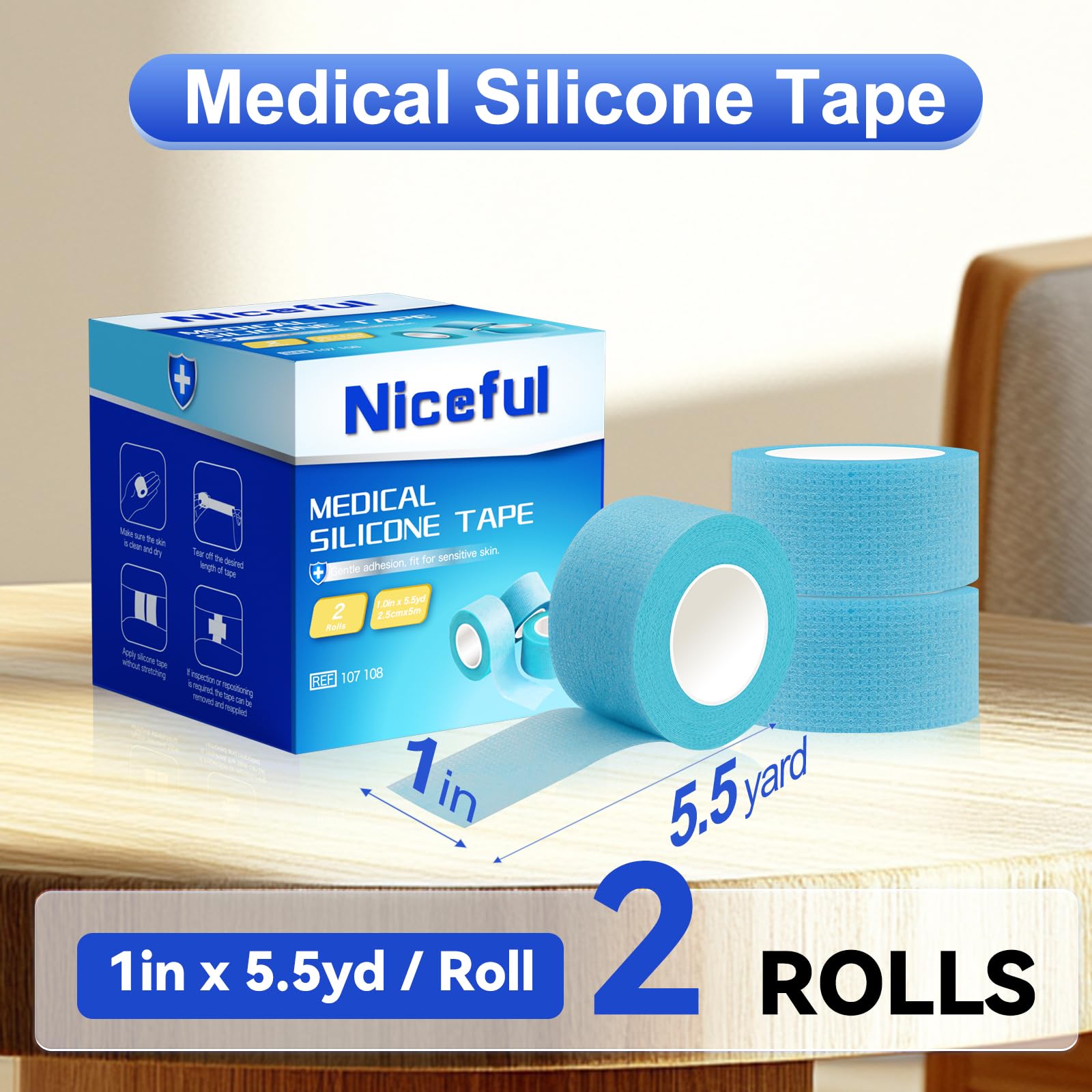 Niceful 2 Rolls Silicone Medical Tape for Wound Care - Surgical Tape for Secures Dressings and Gauze, Blue Waterproof Medical Tape for Sensitive Skin ?1