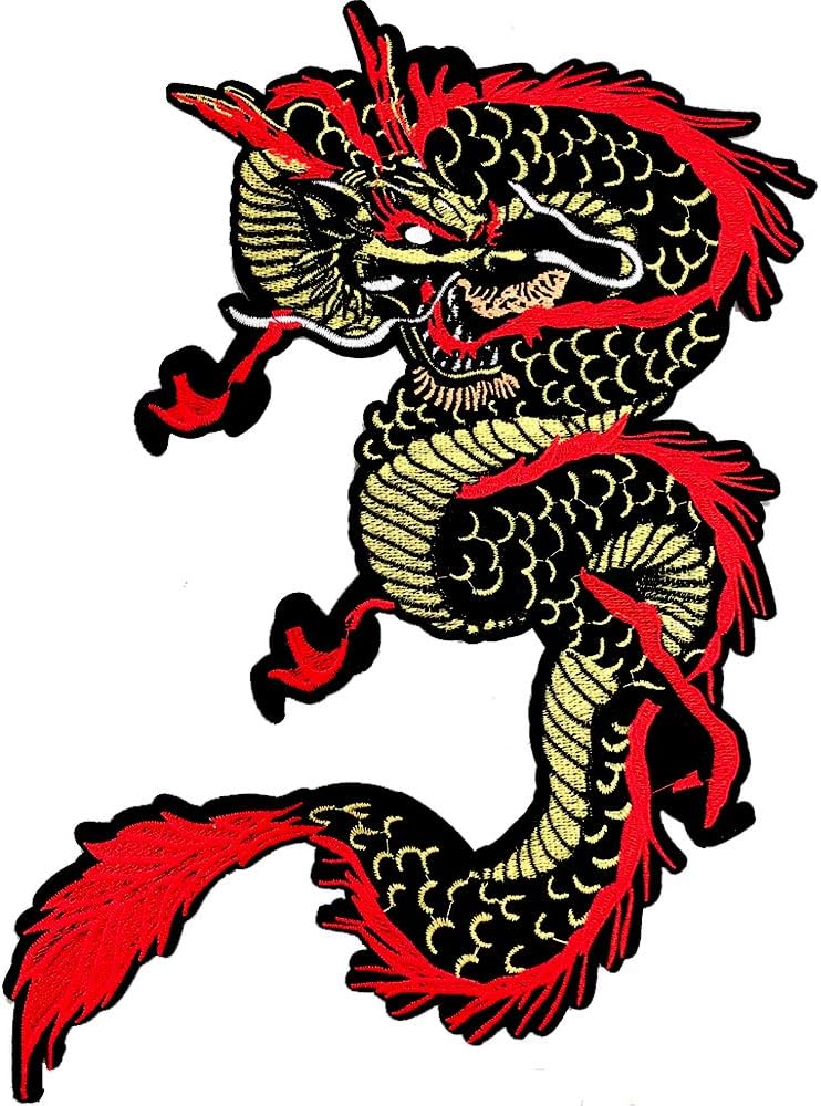 Gold Dragon Embroidered Applique Iron On Sew On Patch, Chinese Dragon Sew On or Iron On Patches for DIY Costume, Jeans, Jackets, Clothing, Bags (Red Gold)