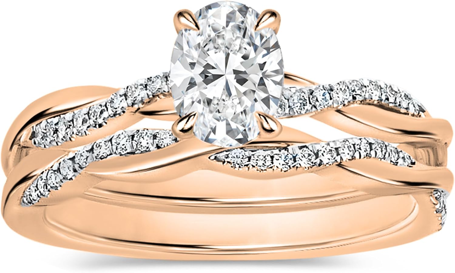 0.25-2.00 Carat Center Oval & Round Lab Grown White Diamond Solitaire Criss Cross Engagement Ring Set for Women in 10K Solid Gold
