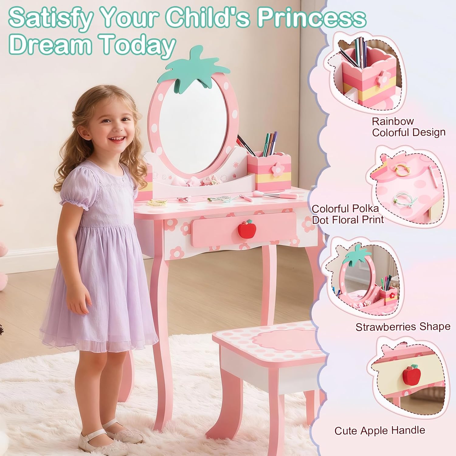 Karl home Kids Vanity Table and Chair Set, Princess Vanity Set with Cute Fruit Print & Stool, Pretend Play Makeup Dressing Table & Chair Set, Wooden Princess Vanity Table for Toddlers, Pink
