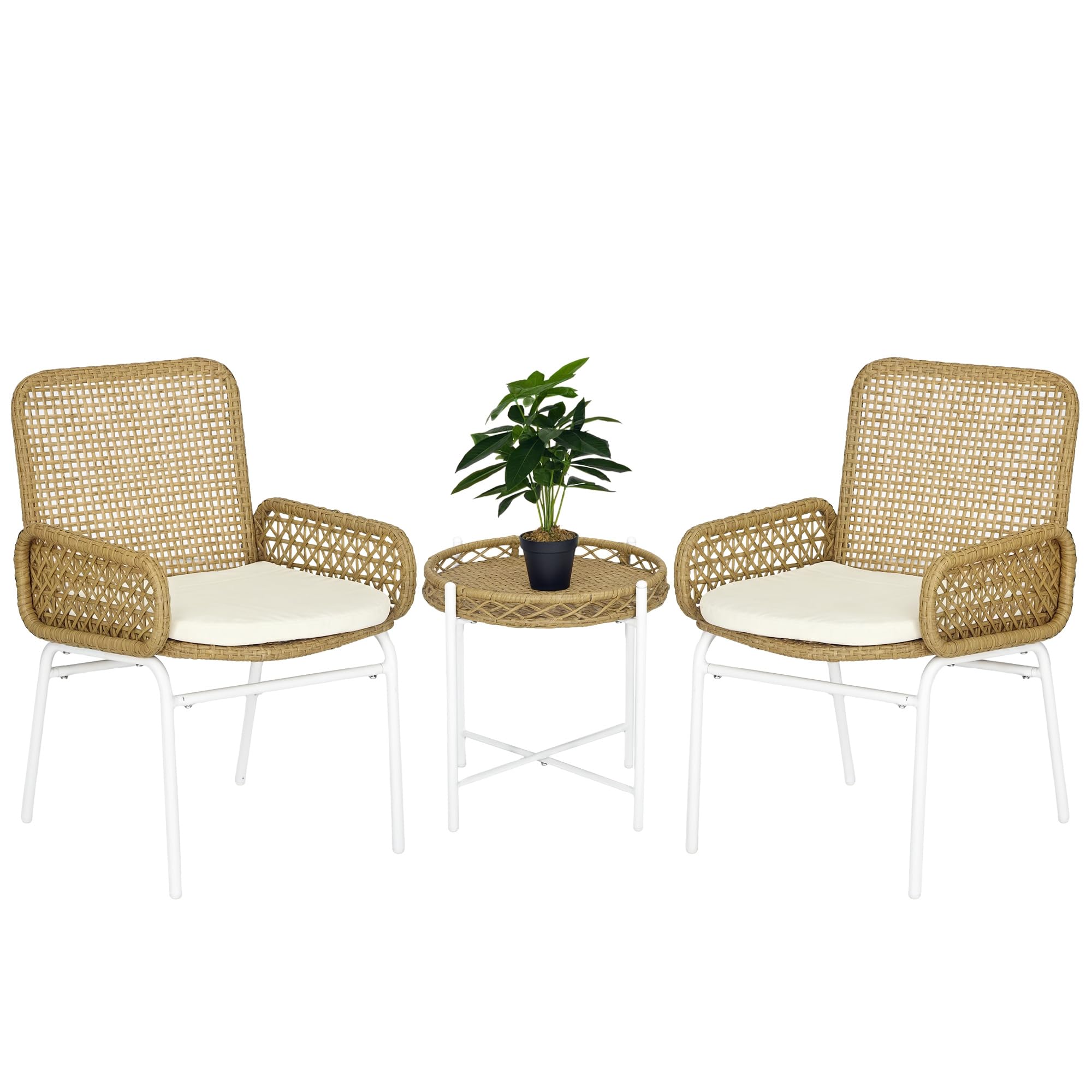 Outsunny Conjunto de Muebles de Jardín Juego de 3 Piezas Ratán Natural | Sillas y Mesa, 2 Sillas, 1 Mesa de Centro, Cojines, para Terraza Patio