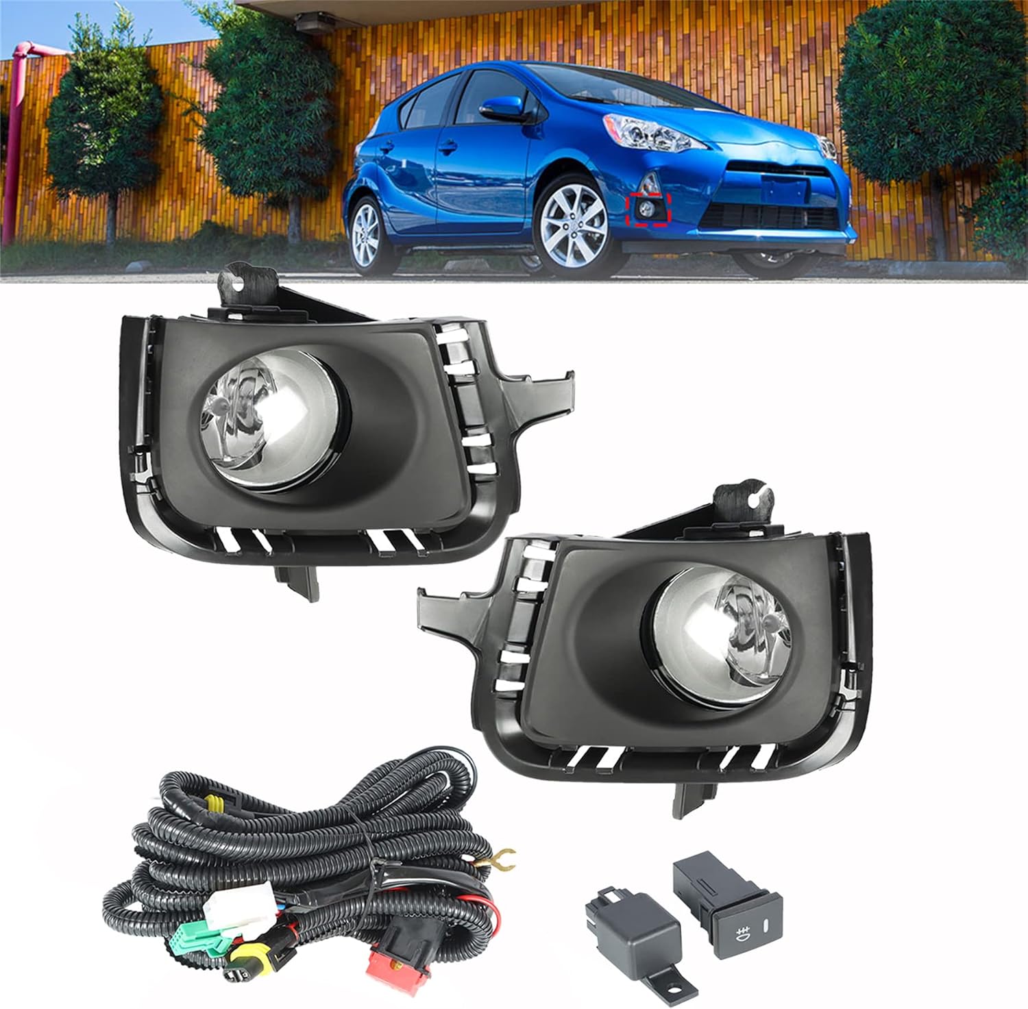 munirater Fog Light Assembly 8122012230 Black Housing Clear Lens Fog lamp W/Wiring Harness and Switch Replacement for Pri-us C 2012-2014