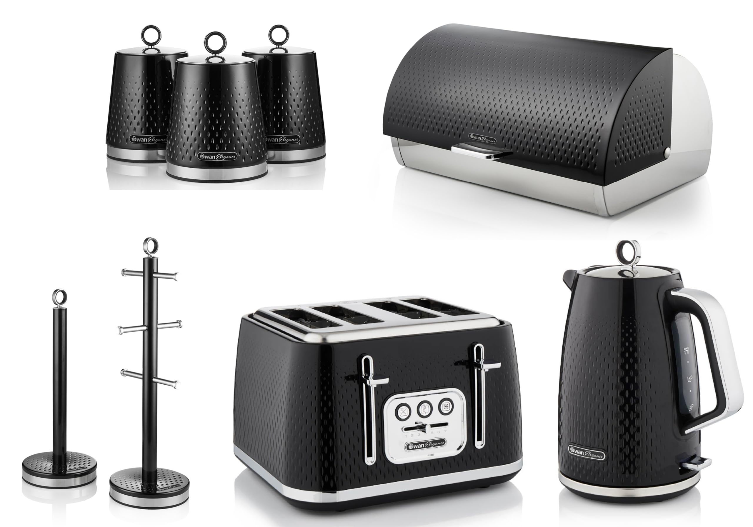 Swan Elegance Black 1.7L Kettle, 4 Slice Toaster, Breadbin, Canisters, Mug Tree and Towel Pole. Contemporary Matching Kitchen Set with a Premium Textured Black Finish