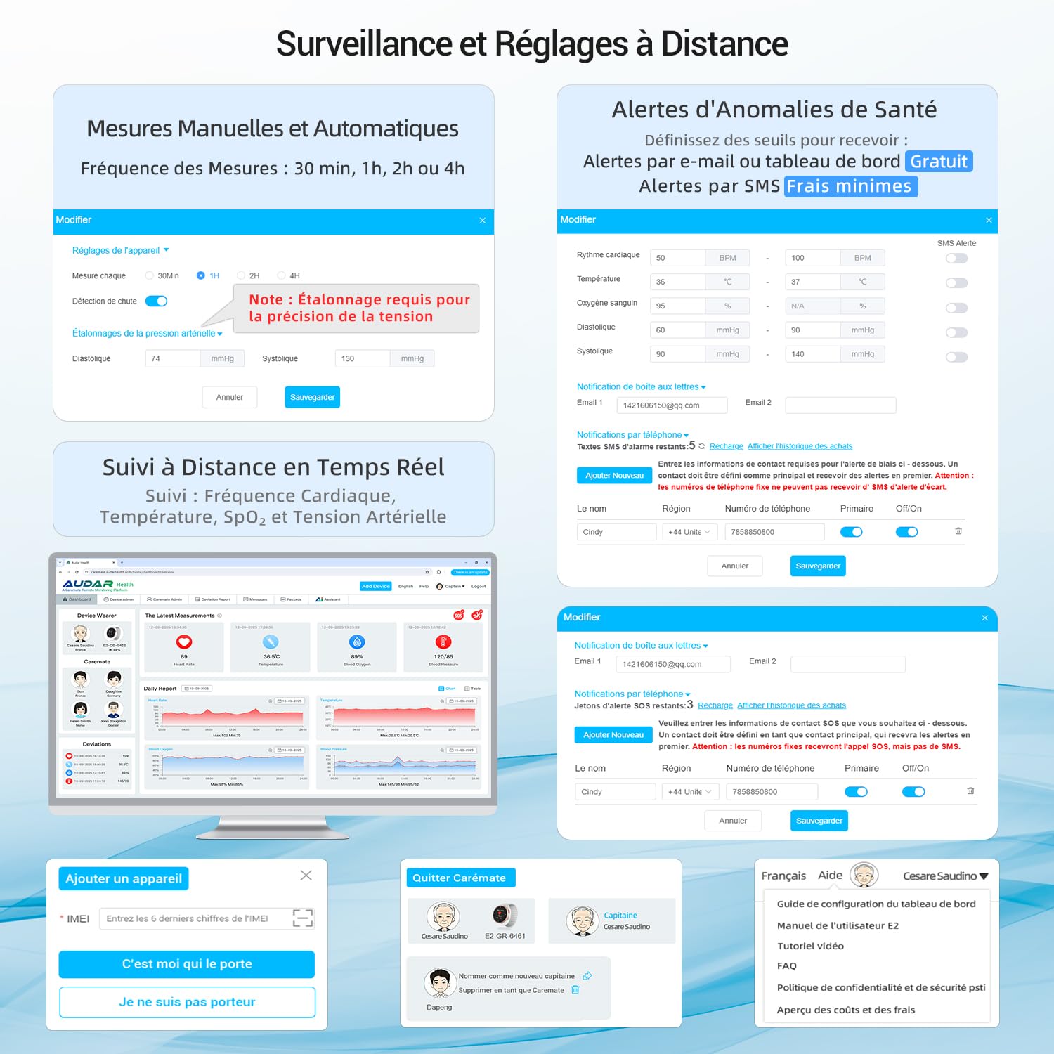 Audar E2 - Montre Connectée Senior avec Détection de Chute et SOS - Surveillance 24/7 Tension Artérielle/Fréquence Cardiaque/SpO₂/Température, Rapports Bien-être par IA, Fonctionne sans Portable/App