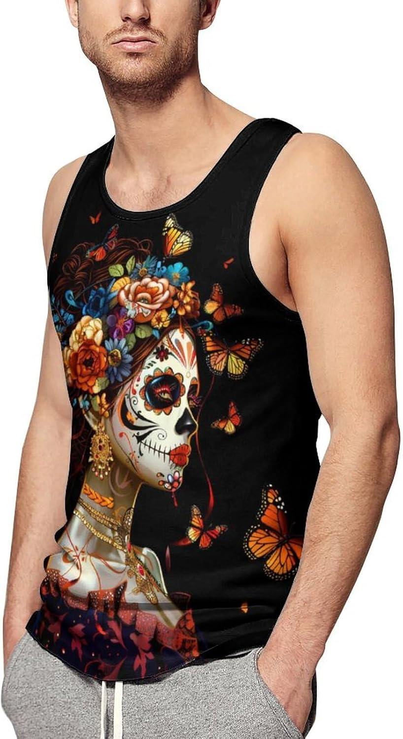 Day of The Dead Skull Woman Monarch Butterfly Men's Tank Top Sleeveless Muscle Shirts Vest Beach T Shirts for Workout Gym