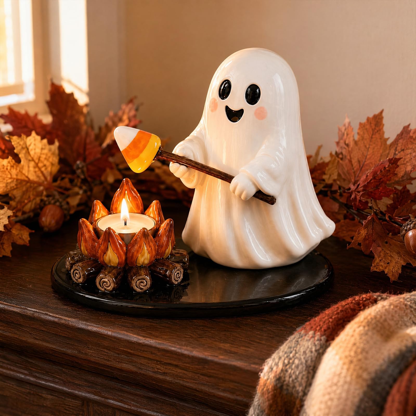 Halloween Ghost Campfire Tealight Holder, Cute Mantel Shelf Decor Set