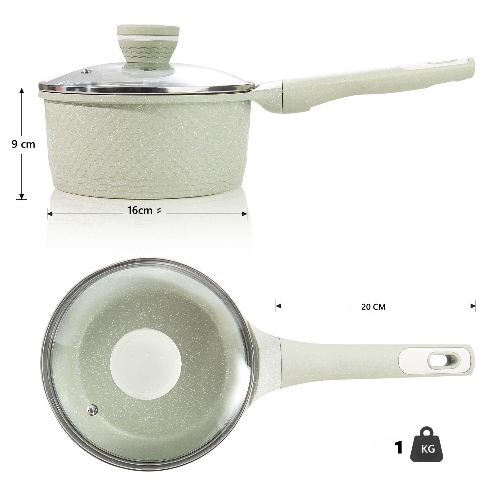 DYGG Casseruola Antiaderente Induzione 1.5L/16 cm, Pentola Multiuso con Rivestimento in Granito per zuppa, pasta, verdure – Senza PFOA/PFAS e Coperchio Vetro – Compatibile con Tutti i Piani Cottura