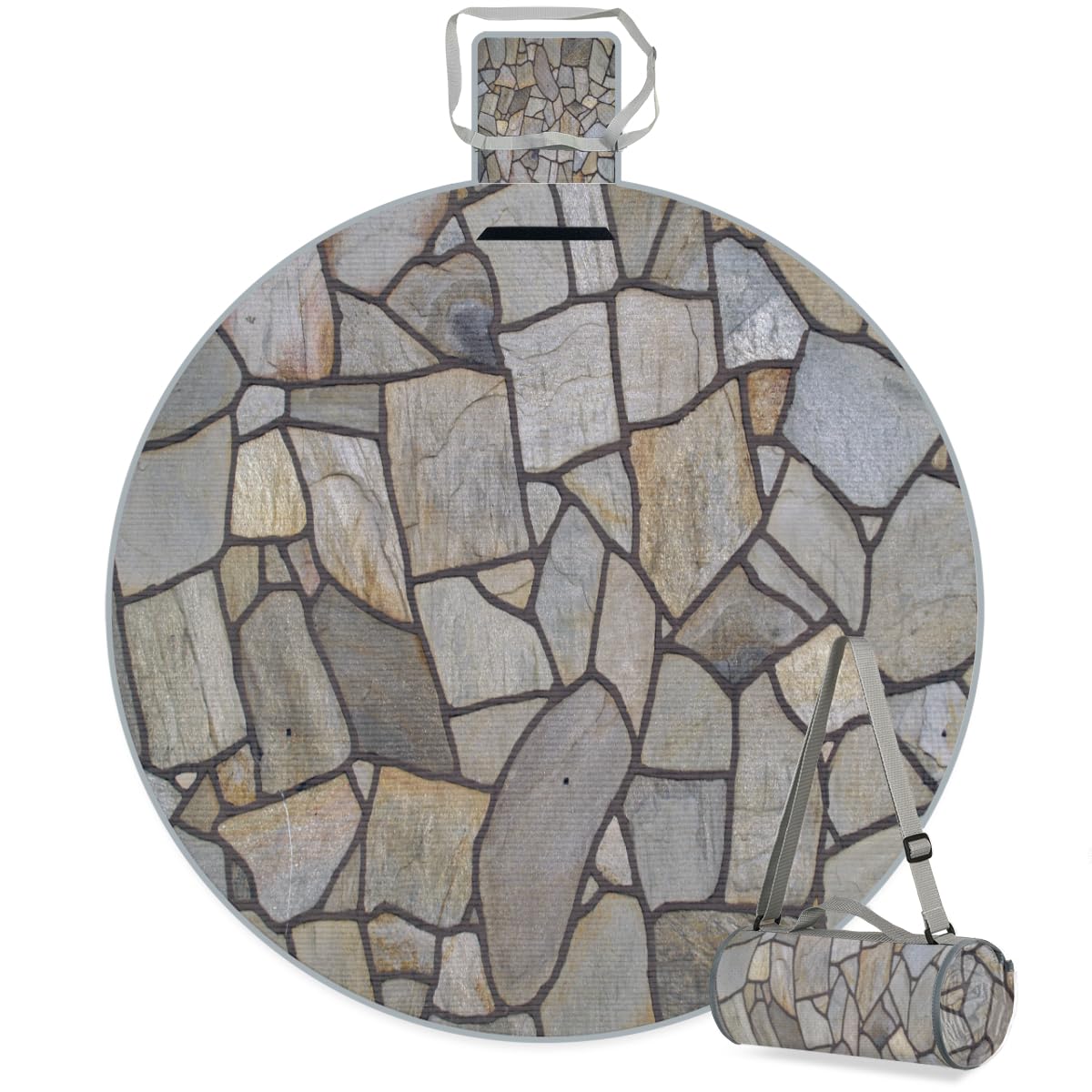 Shimoshe Stone Texture Marble Print Picnic Outdoor Blanket Foldable Waterproof Sandproof Beach Blanket Portable Water-Resistant Round Picnic Mat for Travel Camping Park Lawn