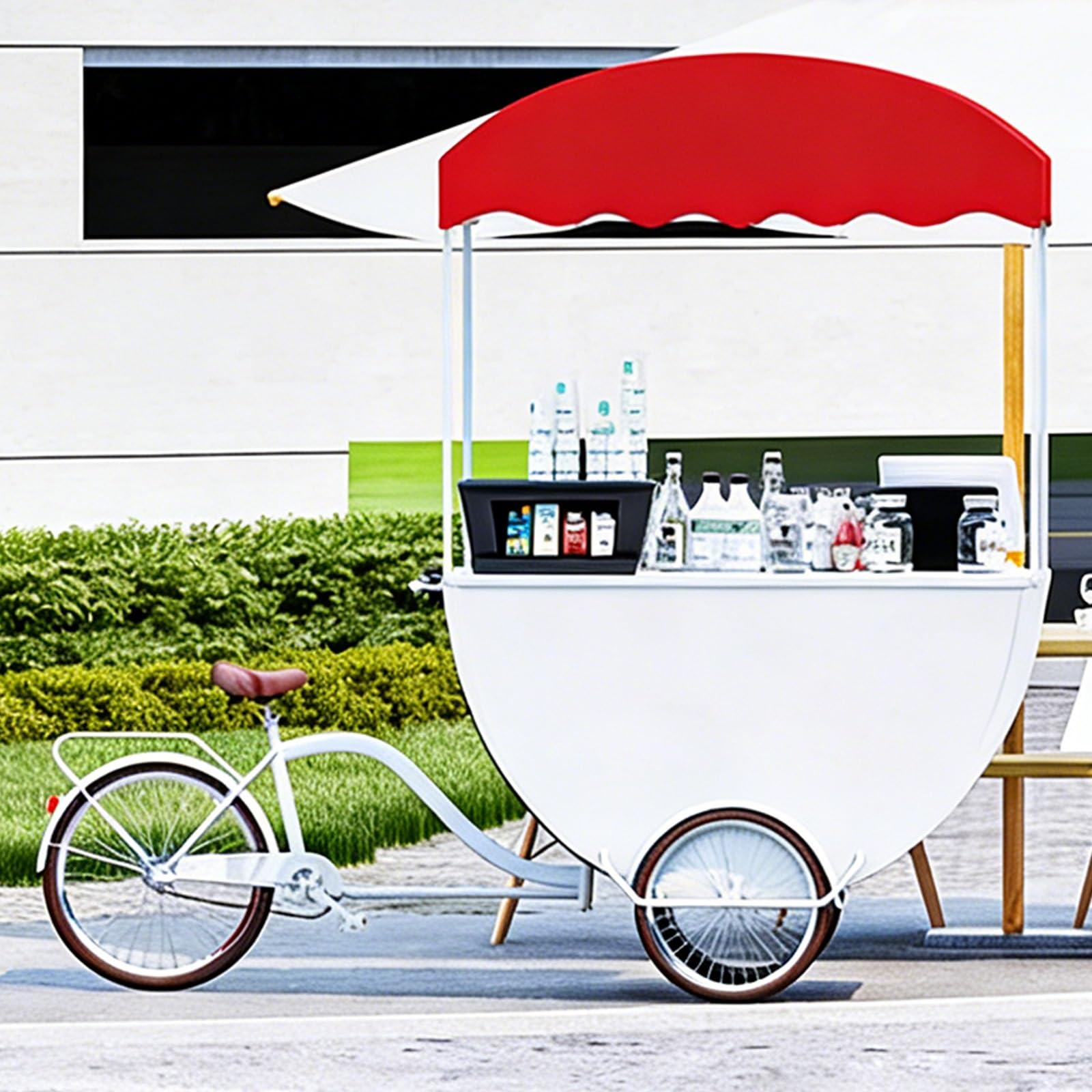 FooCarts TricycVending-Wagen mit automatischer Dosierung und Sonne, perfekt für ack-Straßen, Festivals, Konditoreien und Veranstaltungen im Freien, Weiß