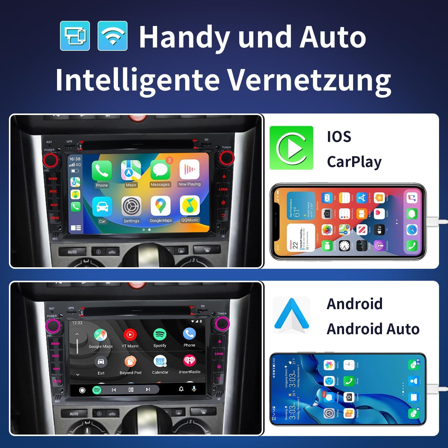 Android Autoradio mit CarPlay für Opel Corsa D/Astra H/Zafira B/Corsa C/Vectra C [Android 14.0, 4+64GB, 2 DIN, 2.0GHz], Touchscreen Bluetooth Navi/WiFi, Lenkradsteuerung, Mirrorlink, DVD