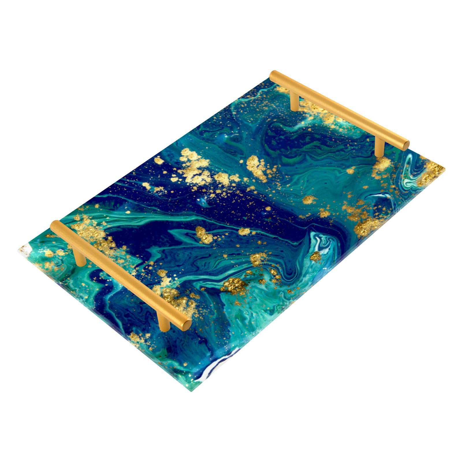 Gredecor Marble Decorative Vanity Tray for Bathroom, Liquid Teal Blue Marble Counter Kitchen Coffee Trays, Acrylic Rectangle Jewelry Perfume Makeup Organizer Tray Holder