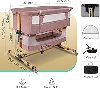 Vista 5 de Cuna para bebé, 3 en 1 Durmiente junto a la cama con colchón y laterales de malla, mosquitera, cesta de almacenamiento, con función de balanceo, 5